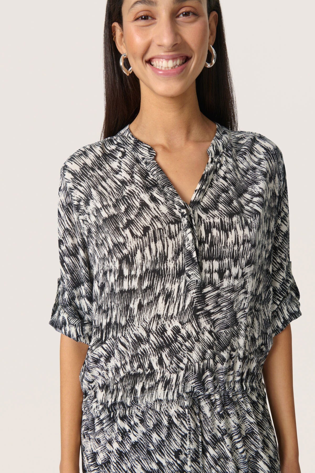 Soaked in Luxury Zaya Printed Midi Dress - Black Stroke Print