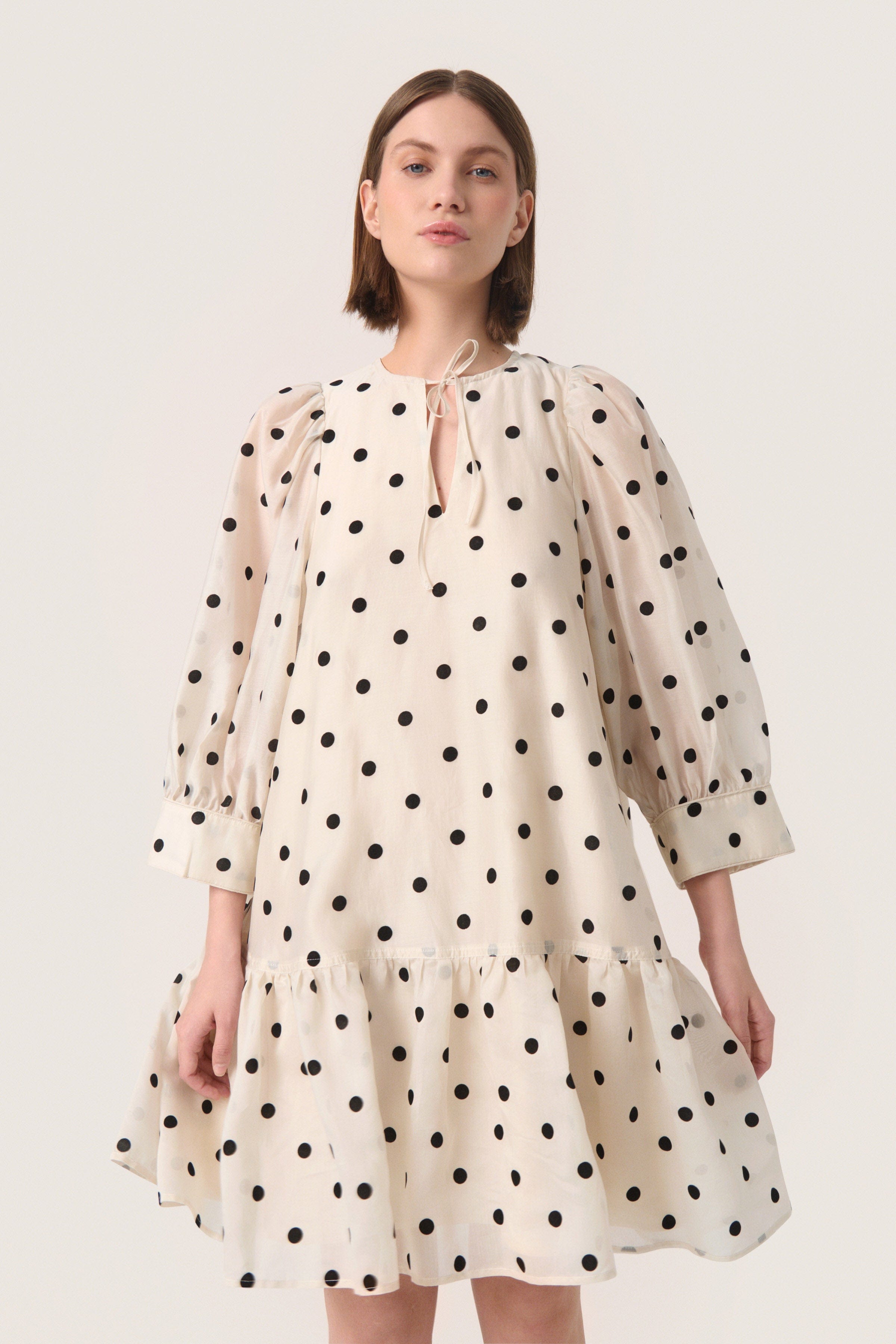 Soaked in Luxury Ziggie Dress - Sandshell with Black Dots