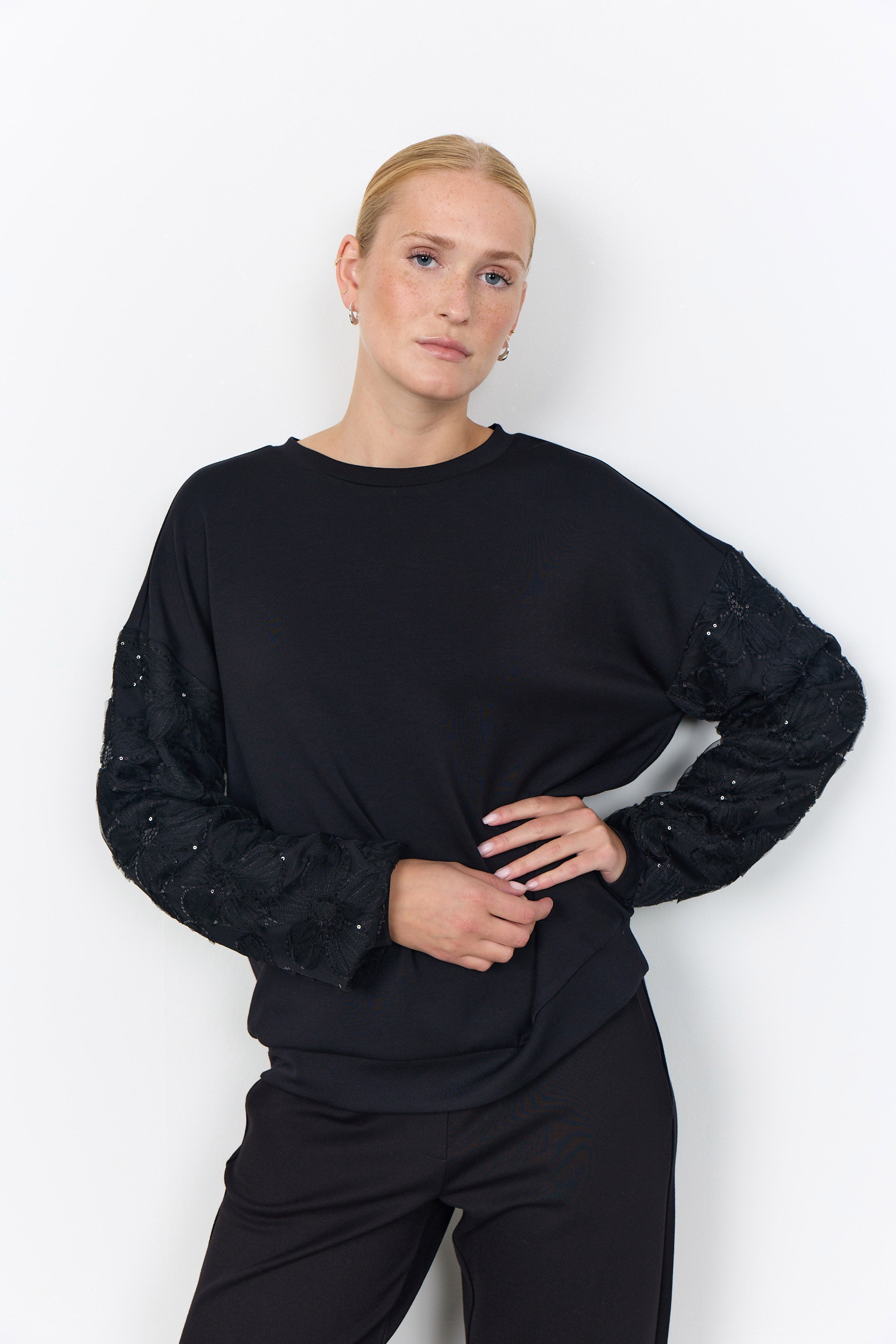 Soya Concept Banu Sweatshirt with Lace Sleeve Detail - Black