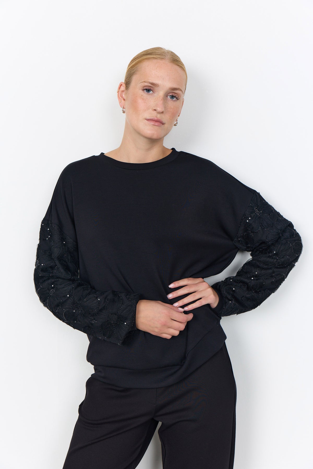 Soya Concept Banu Sweatshirt with Lace Sleeve Detail - Black