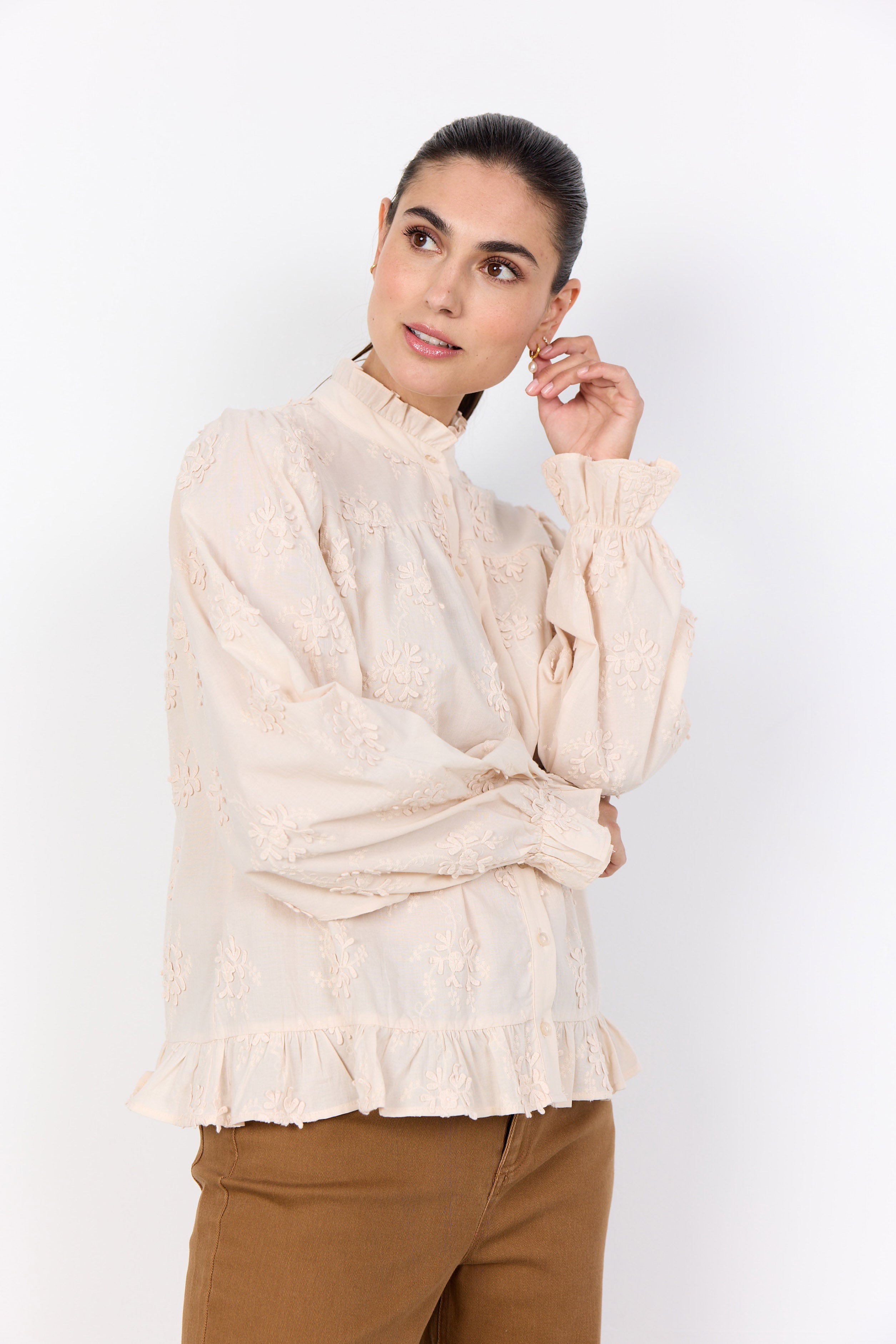 Soya Concept Barbra Cotton Applique Ruffle Detail Blouse - Cream