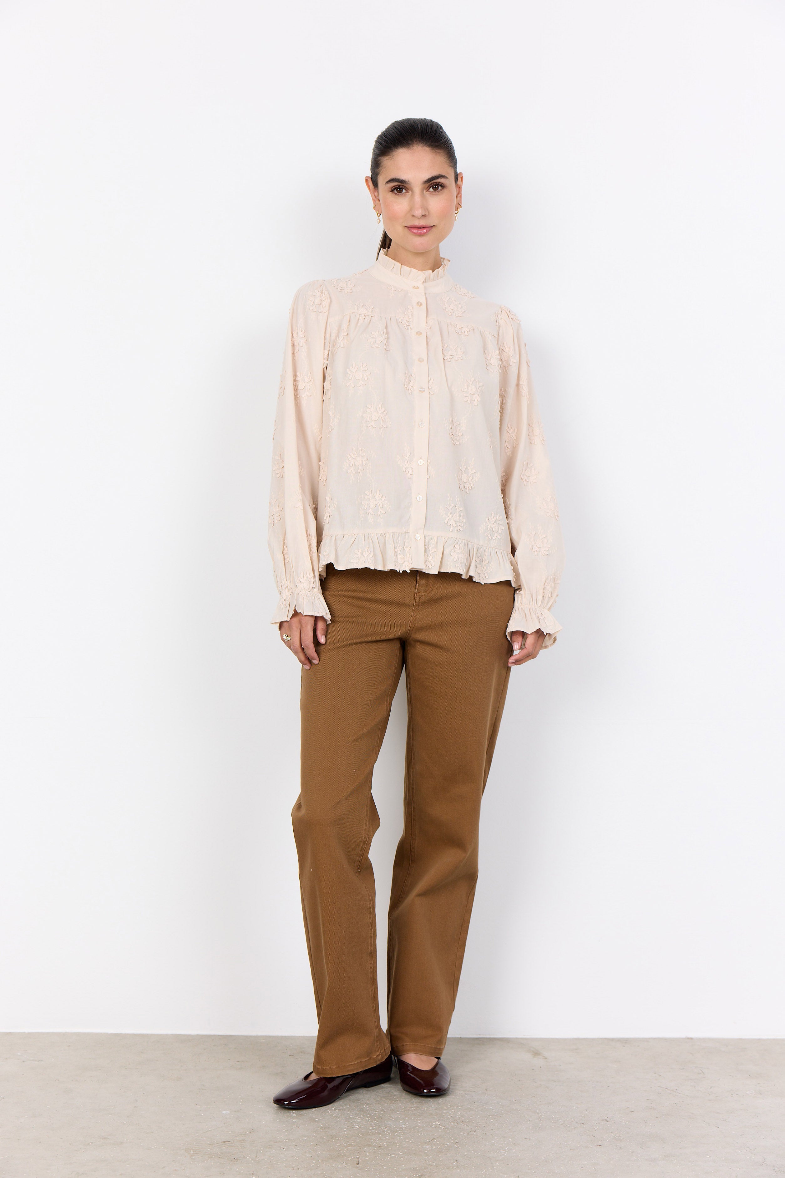 Soya Concept Barbra Cotton Applique Ruffle Detail Blouse - Cream