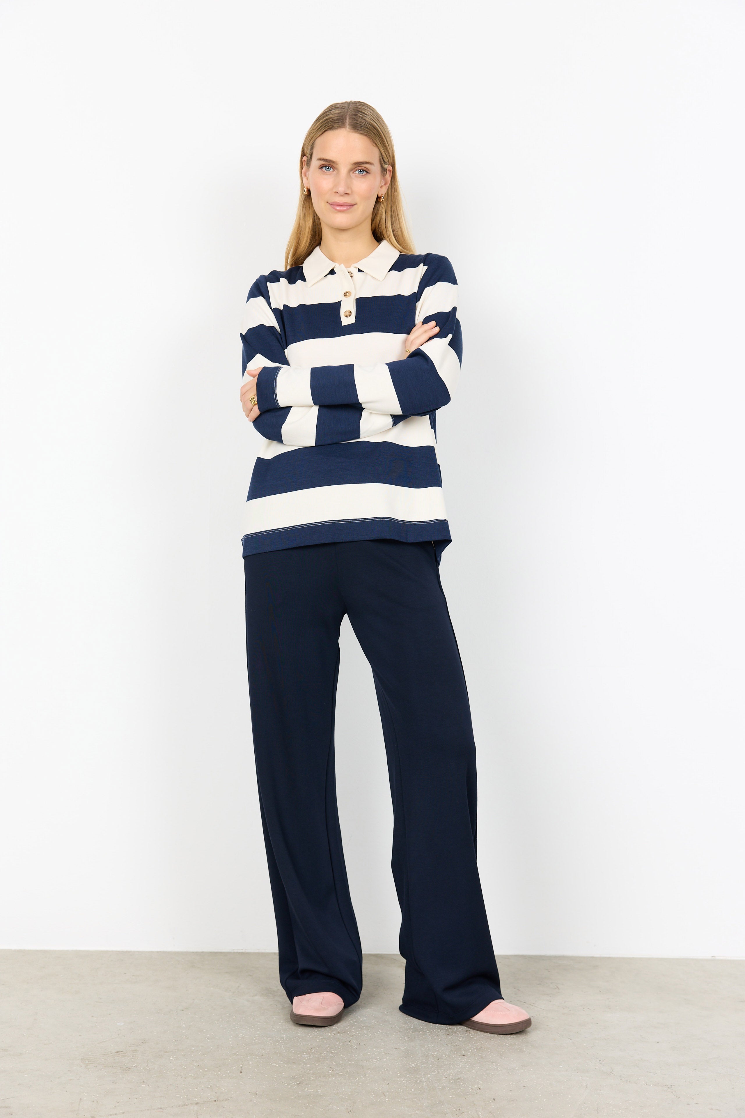 Soya Concept Barni Stripe Collared Sweatshirt - Navy Combi