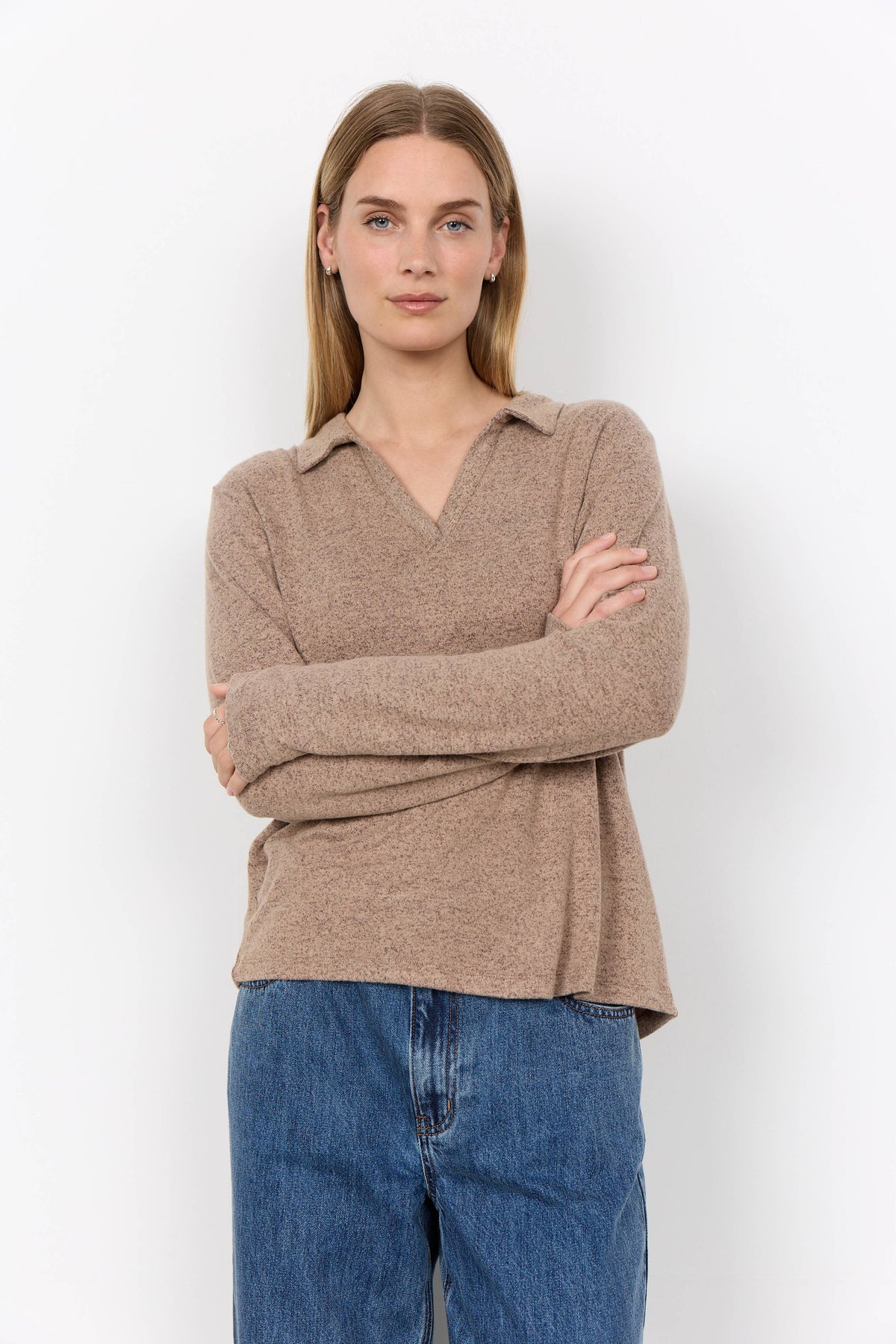 Soya Concept Biara Supersoft Open Collar Top - Camel Melange