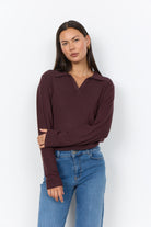 Soya Concept Biara Supersoft Open Collar Top - Chocolate Plum Melange