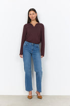 Soya Concept Biara Supersoft Open Collar Top - Chocolate Plum Melange