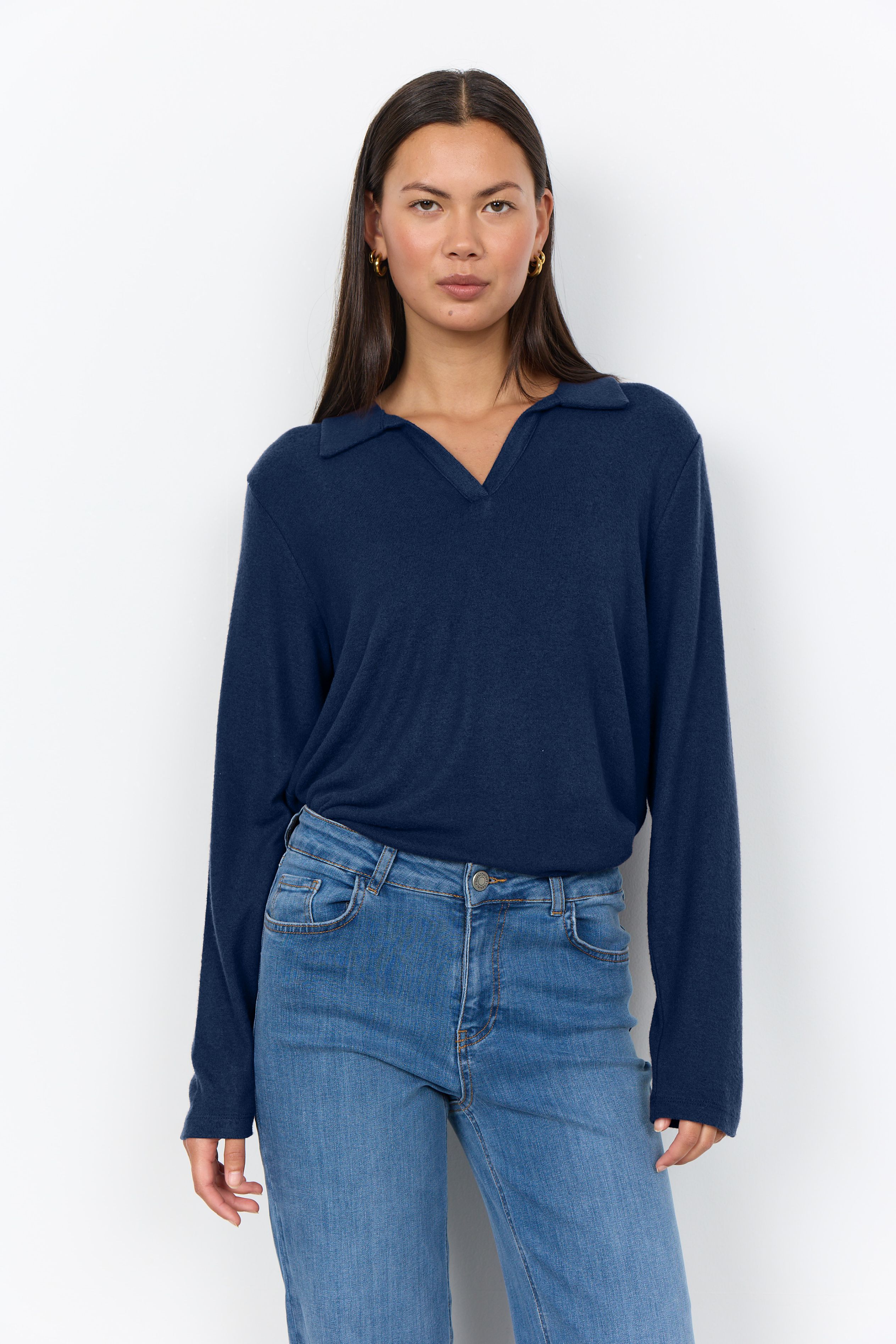 Soya Concept Biara Supersoft Open Collar Top - Navy Melange