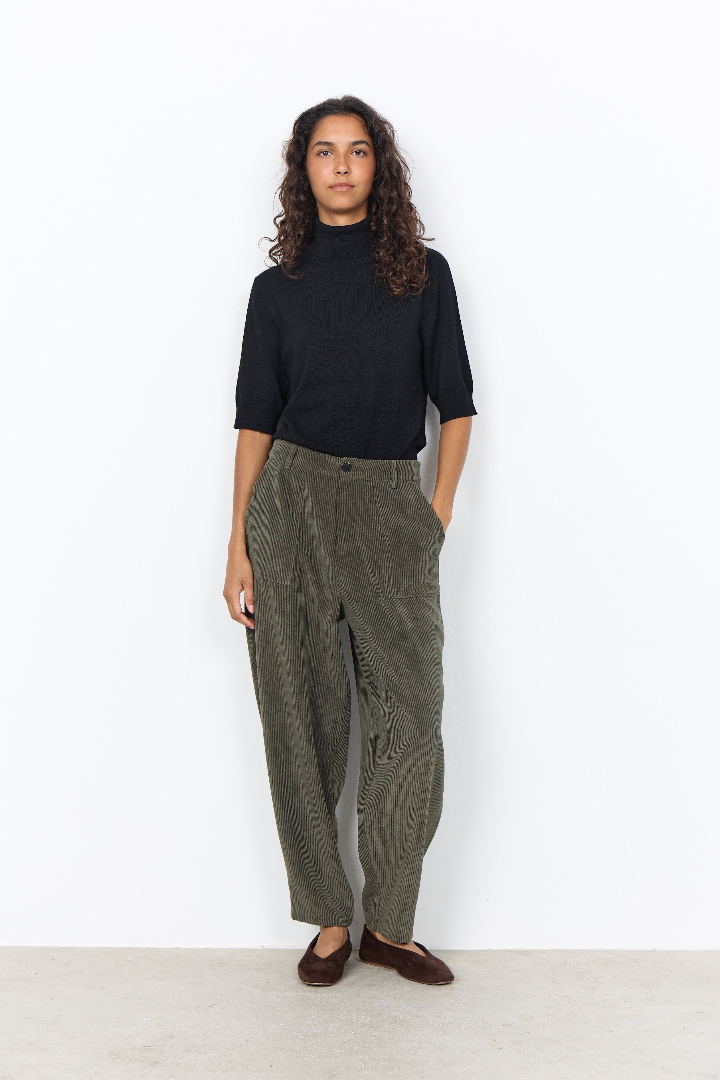 Soya Concept Bindi Cord Barrel-Leg Trousers - Forest Night