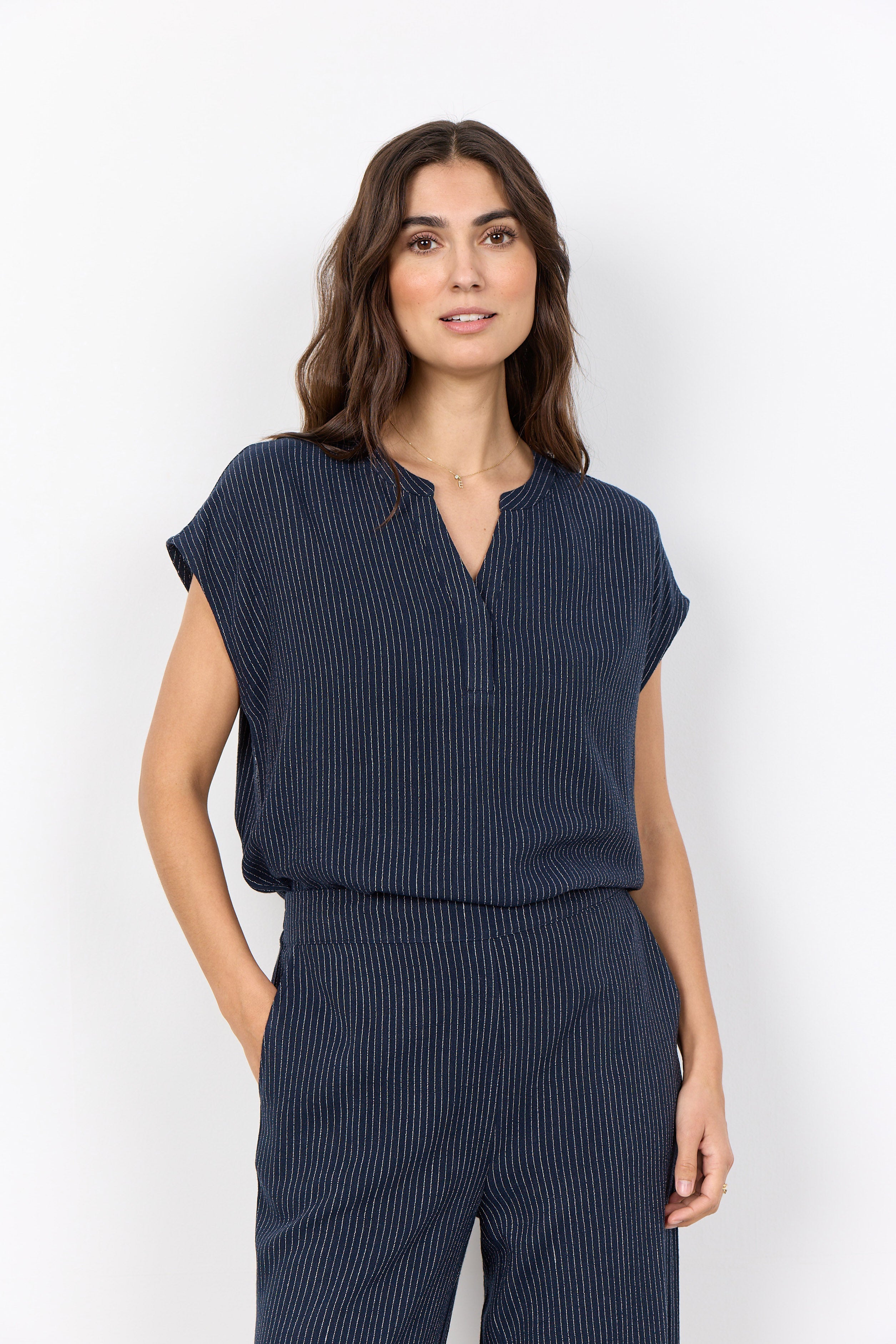 Soya Concept Cannie Striped Short Sleeve Blouse- Navy Combi