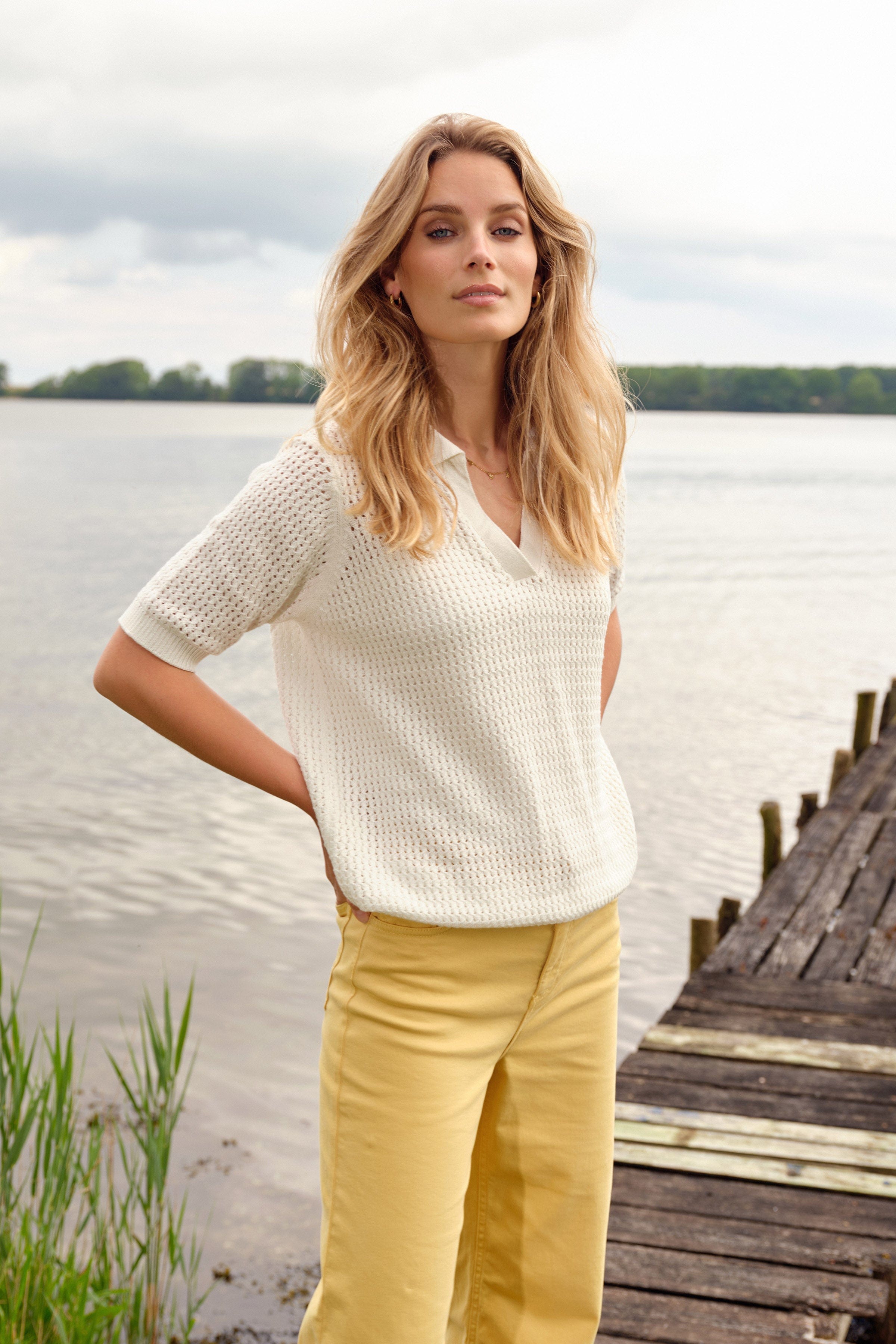 Soya Concept Denefa Open Stitch Polo Top - Off White