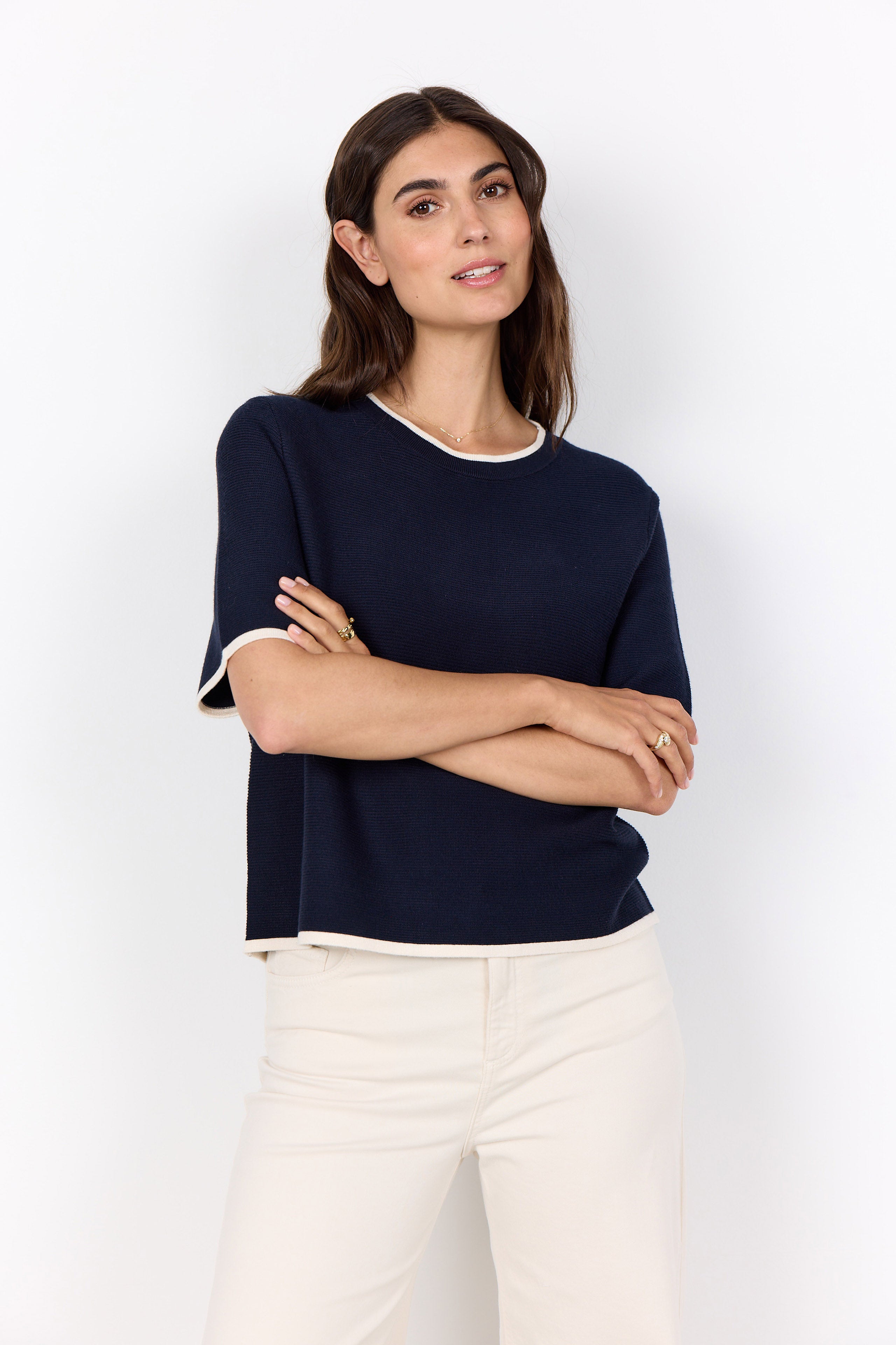 Soya Concept Dollie Contrast Trim Knitted Top - Navy Combi