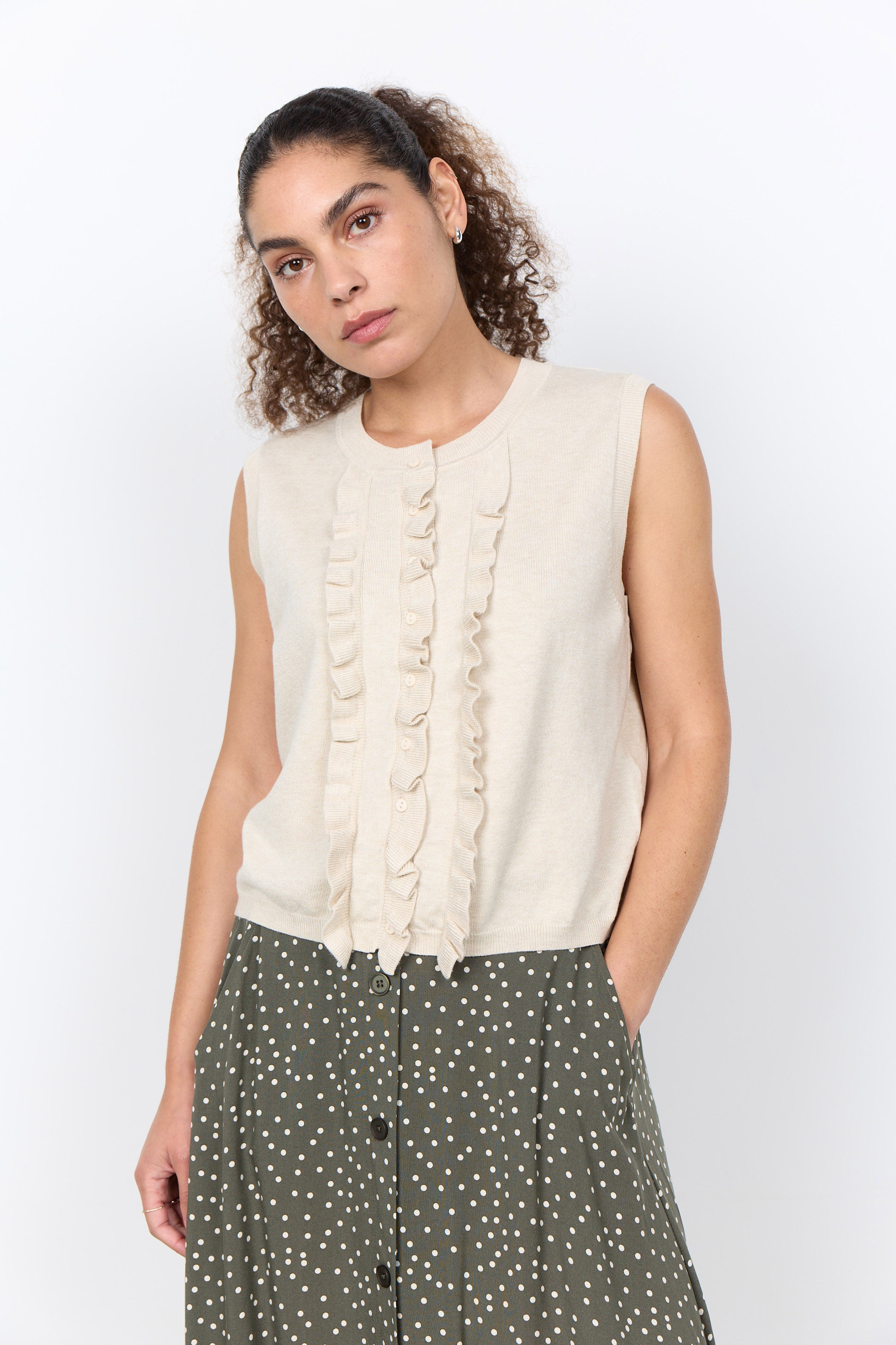 Soya Concept Dollie Ruffle Sleeveless Jumper - Cream Melange