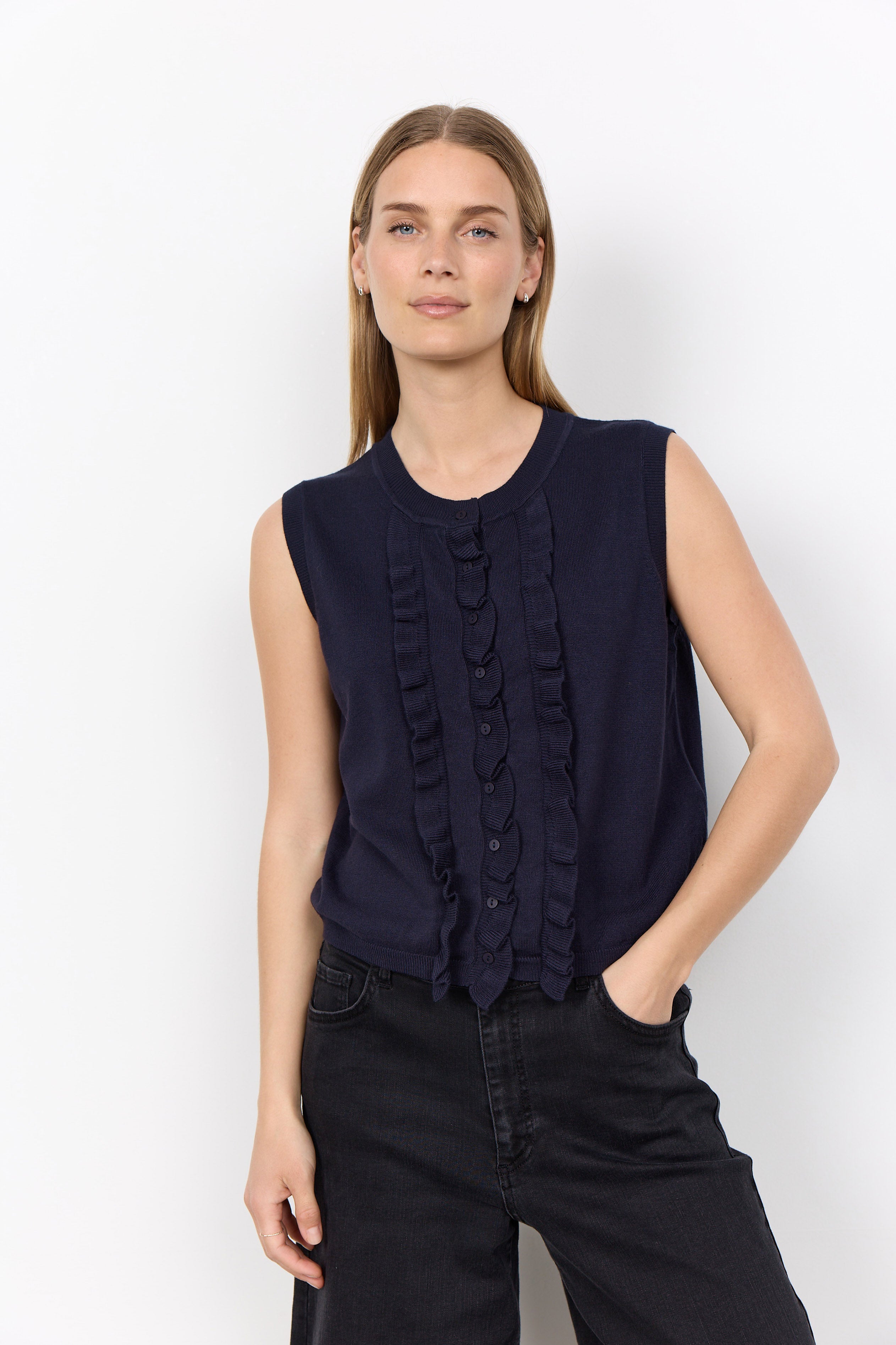 Soya Concept Dollie Ruffle Sleeveless Jumper - Navy