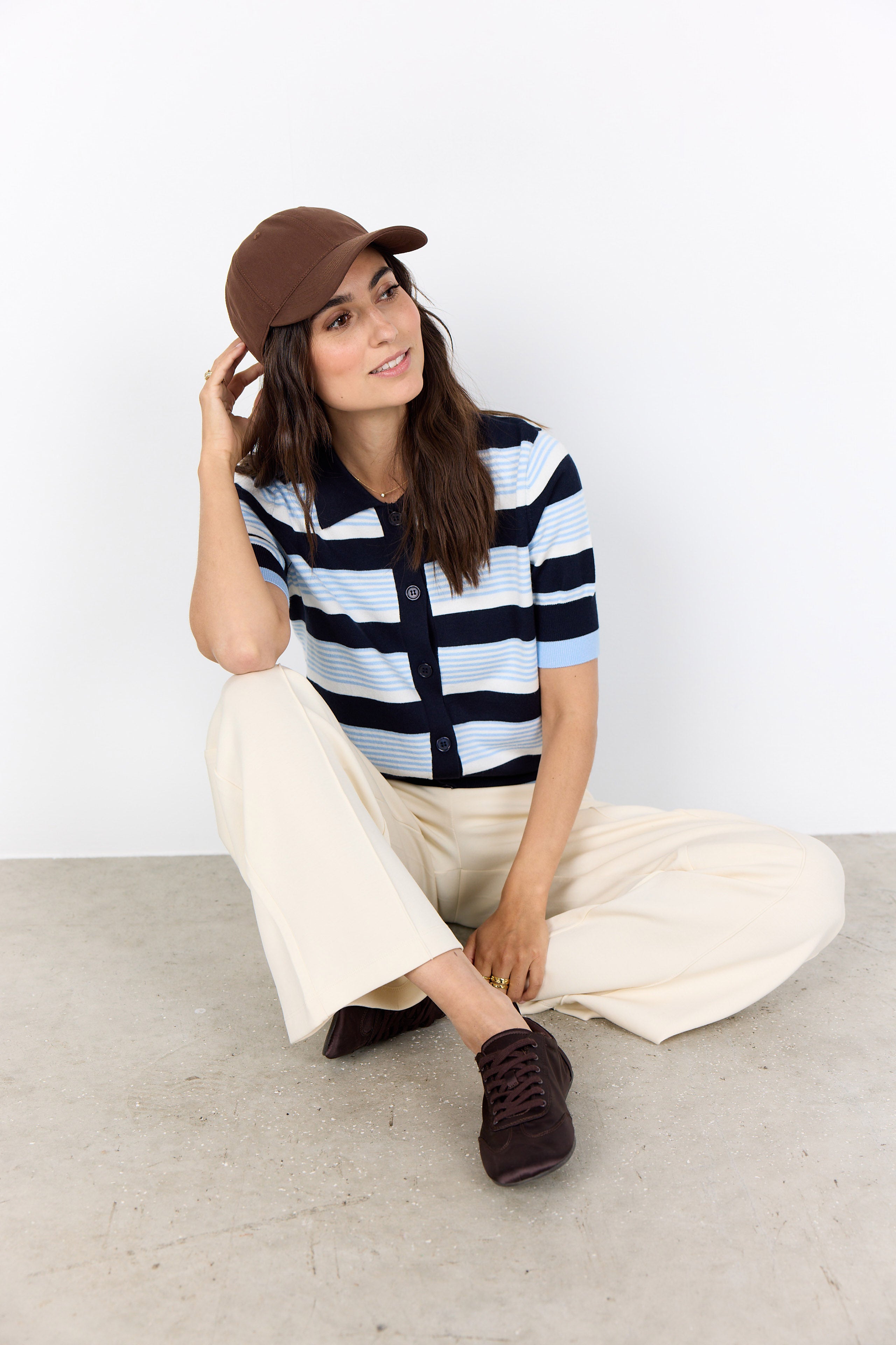 Soya Concept Dollie Striped Button Through Knit - Navy Combi