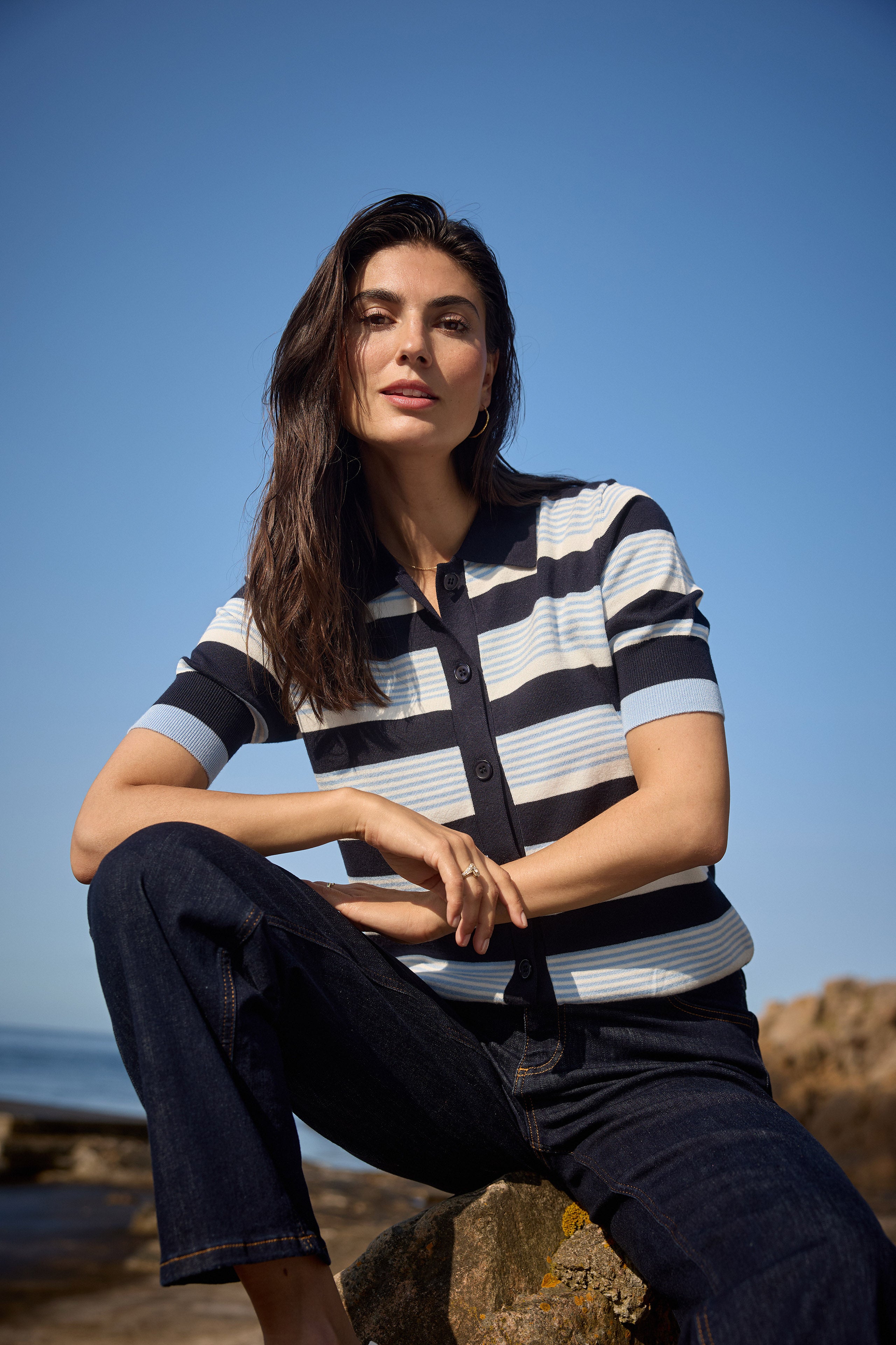 Soya Concept Dollie Striped Button Through Knit - Navy Combi