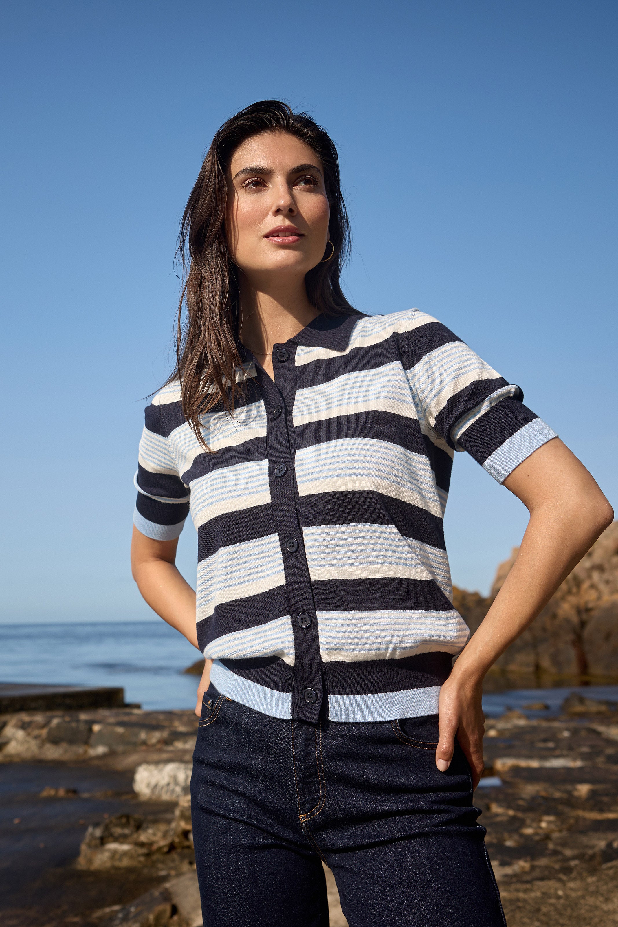 Soya Concept Dollie Striped Button Through Knit - Navy Combi