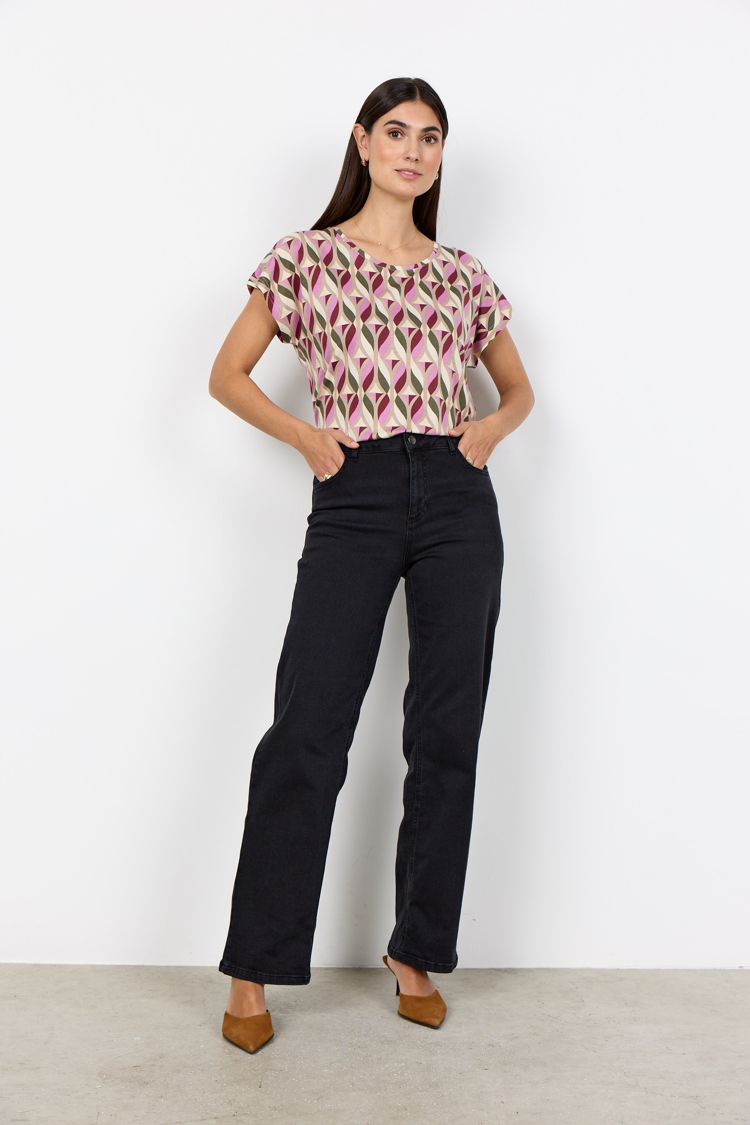 Soya Concept Felicity Geometric T-Shirt - Oxblood Red Combi