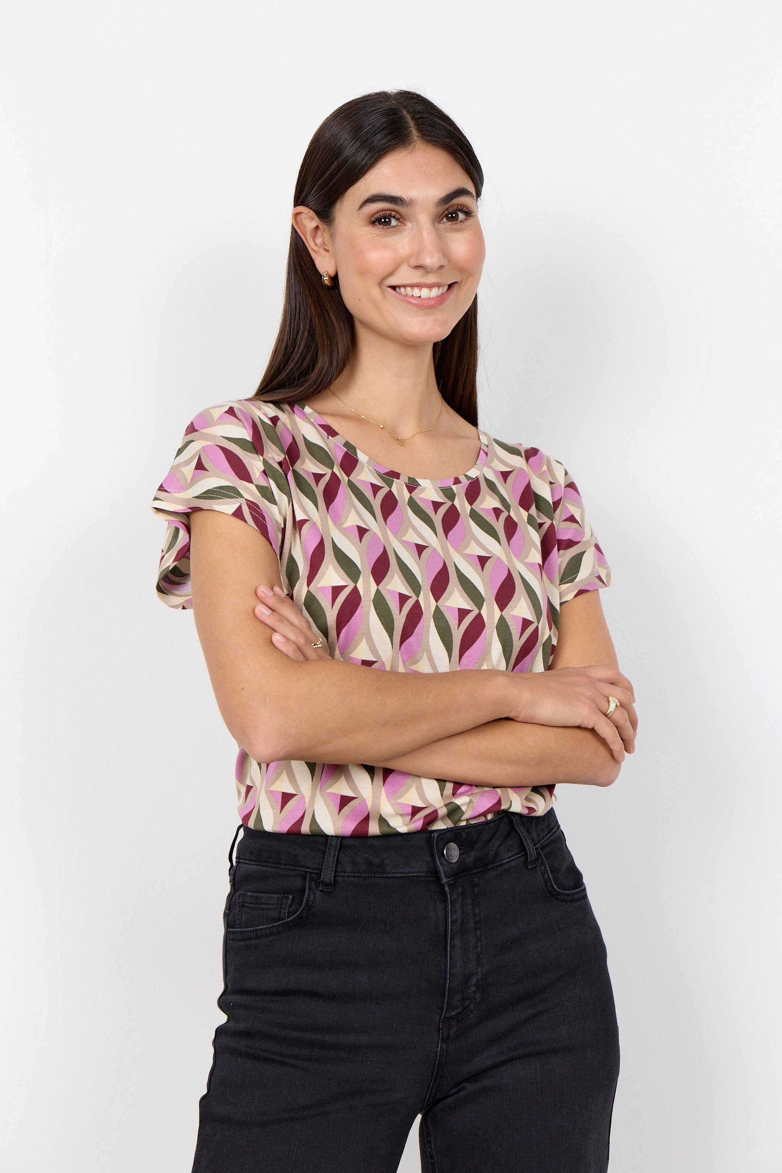 Soya Concept Felicity Geometric T-Shirt - Oxblood Red Combi