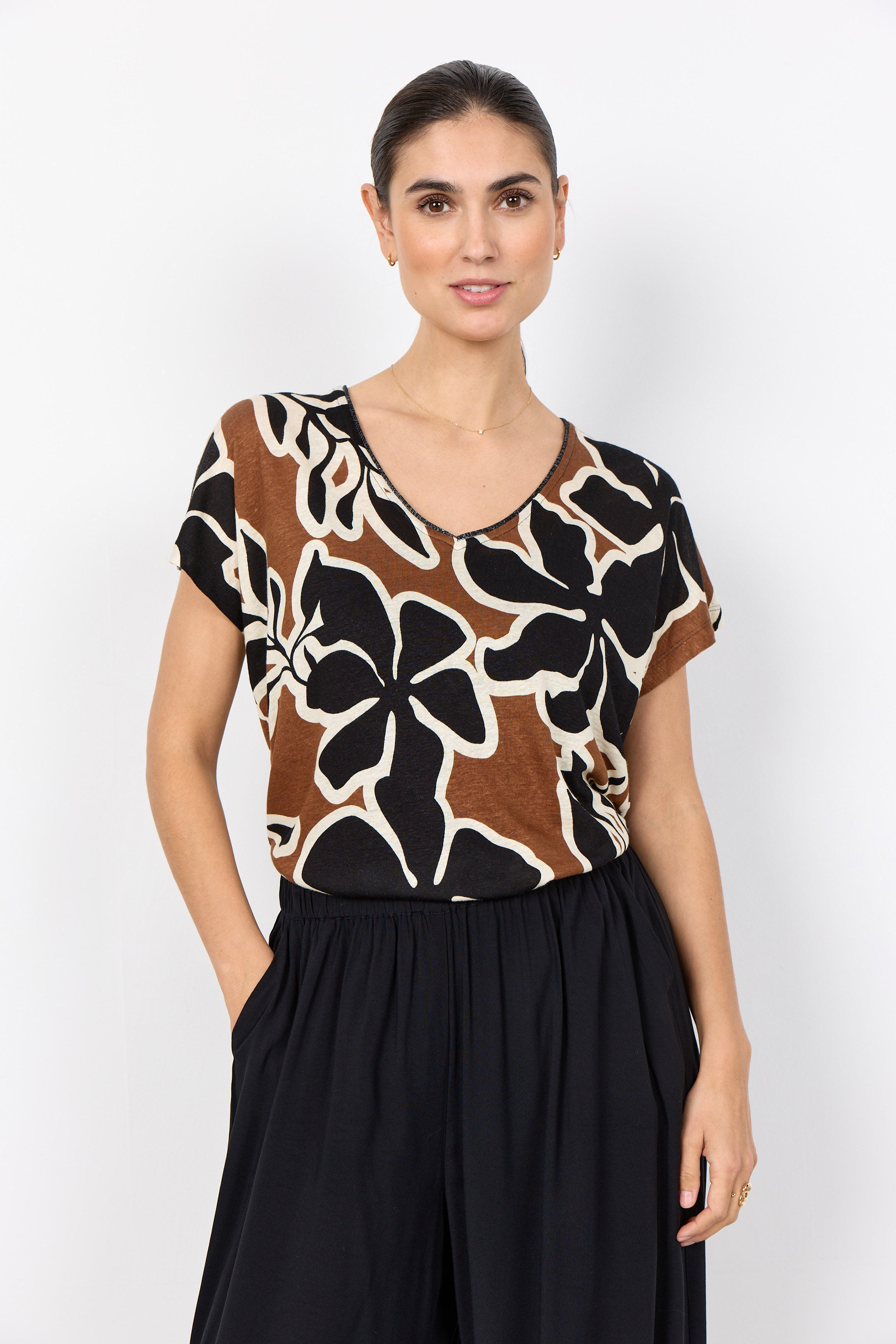Soya Concept Fiola Linen Blend T-Shirt- Toffee Combi