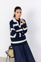 Soya Concept Kanita Stripe Knitted Collared Jumper - Navy Melange Combi