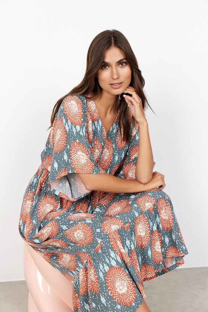 Soya Concept Leana Printed Batwing Dress - Dusty Red Combi