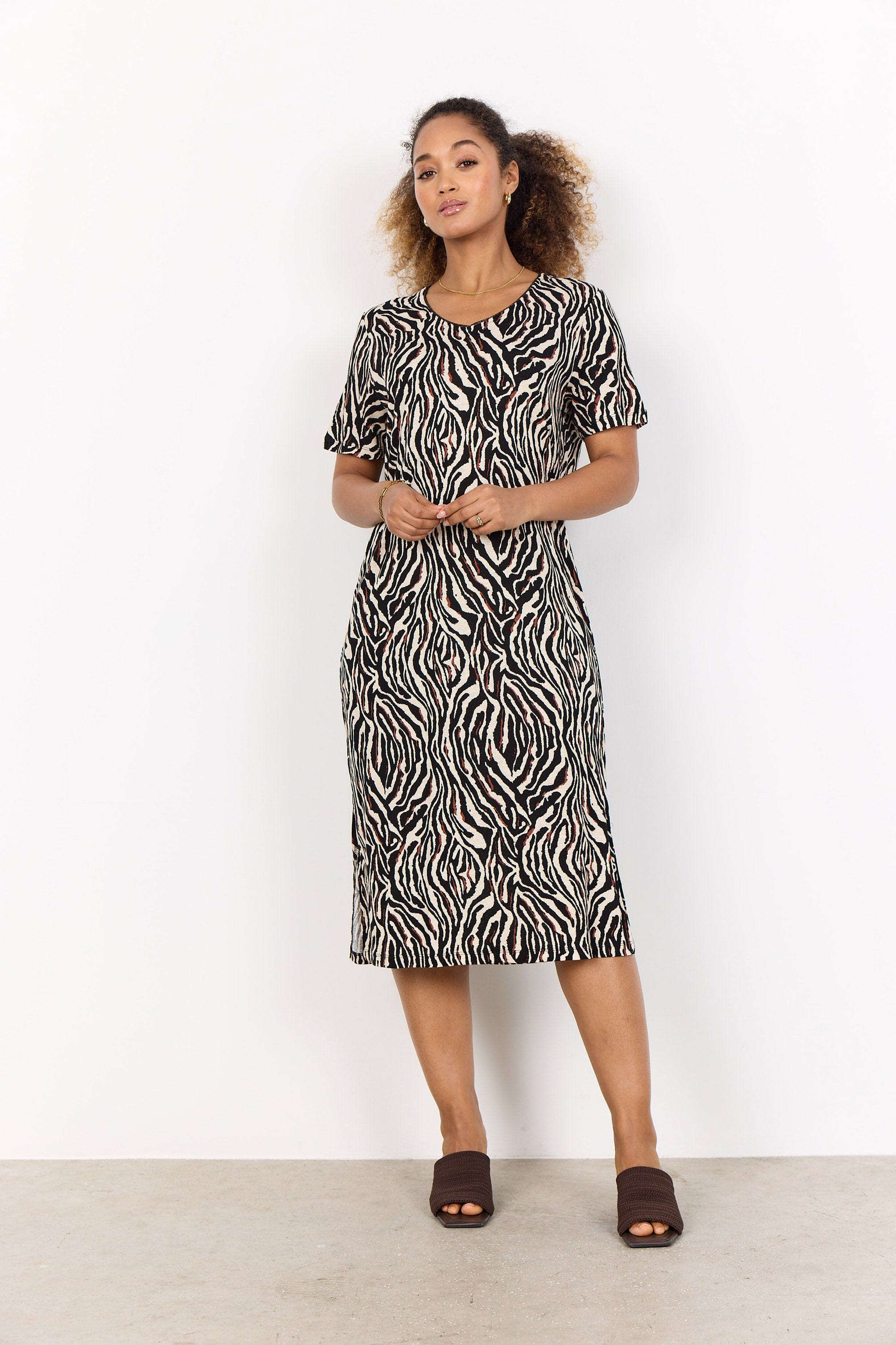 Soya Concept Lenise Animal Print Linen Blend Short Sleeve Dress - Black Combi