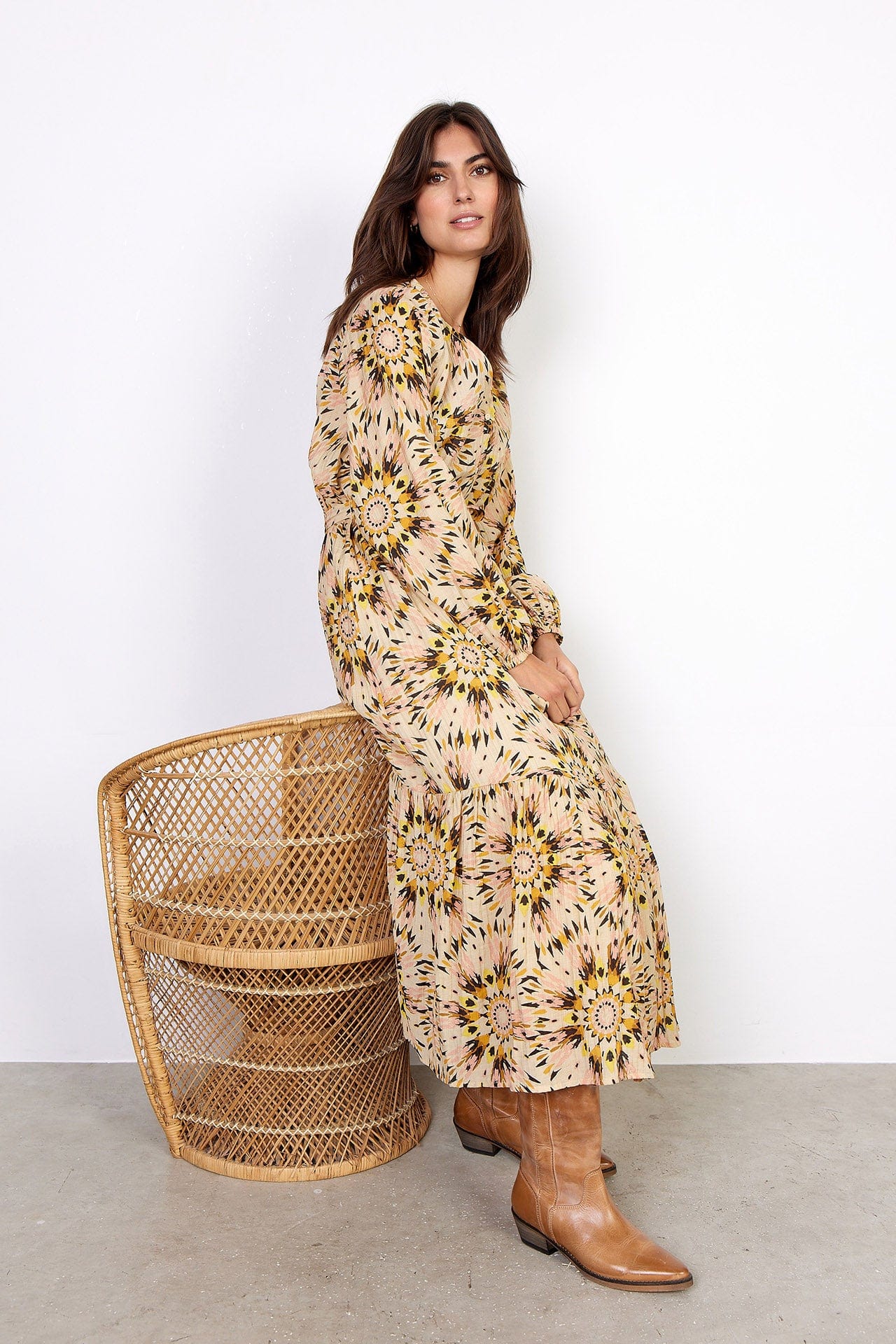 Soya Concept Mirra Printed Midi Dress - Golden Yellow Combi