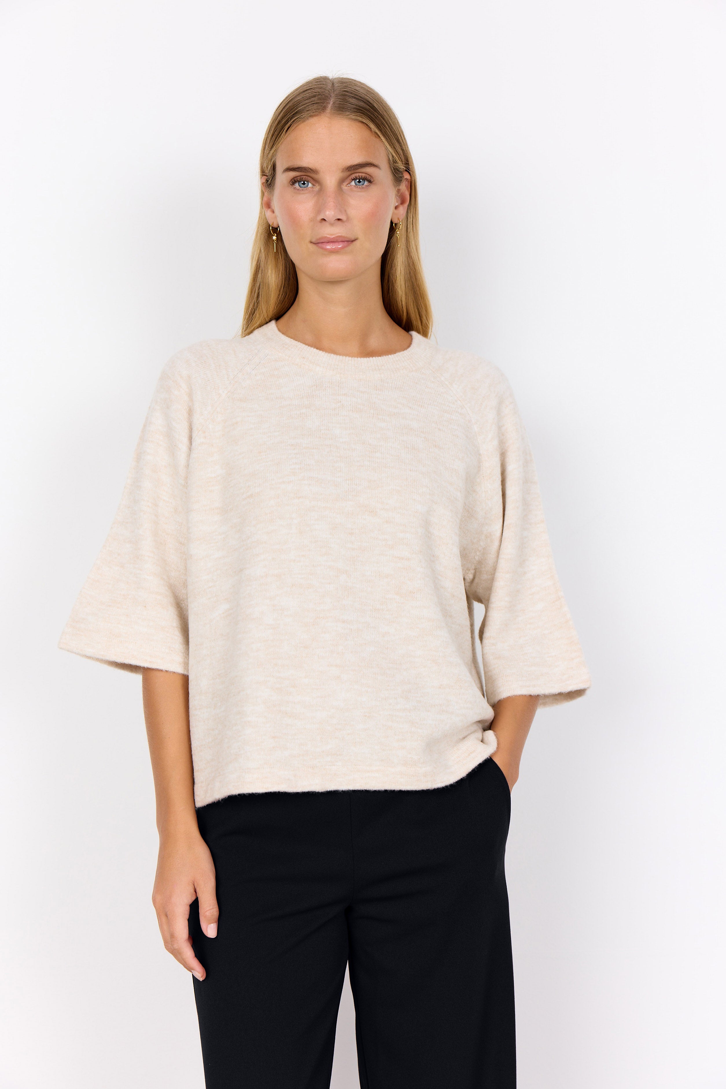 Soya Concept Orlean Knitted 3/4 Sleeve Jumper - Cream Melange