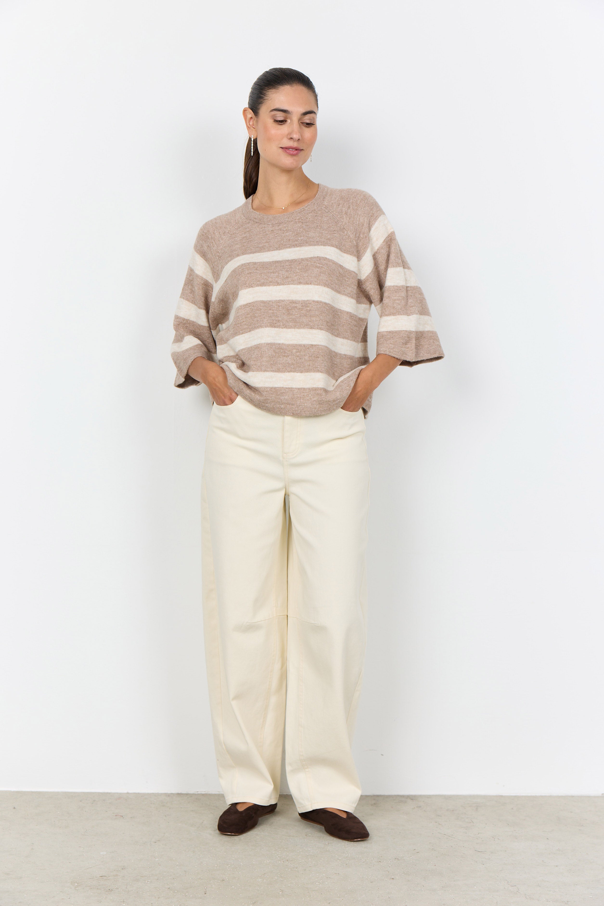 Soya Concept Orlean Stripe Knitted 3/4 Sleeve Jumper - Sand Melange Combi