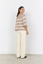 Soya Concept Orlean Stripe Knitted 3/4 Sleeve Jumper - Sand Melange Combi