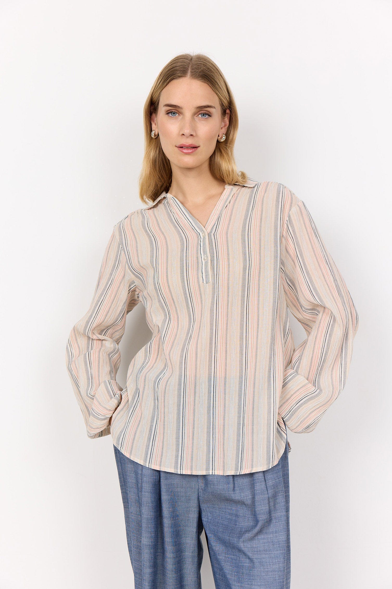 Soya Concept Patti Stripe Organic Cotton Blouse - Peach Pink Combi