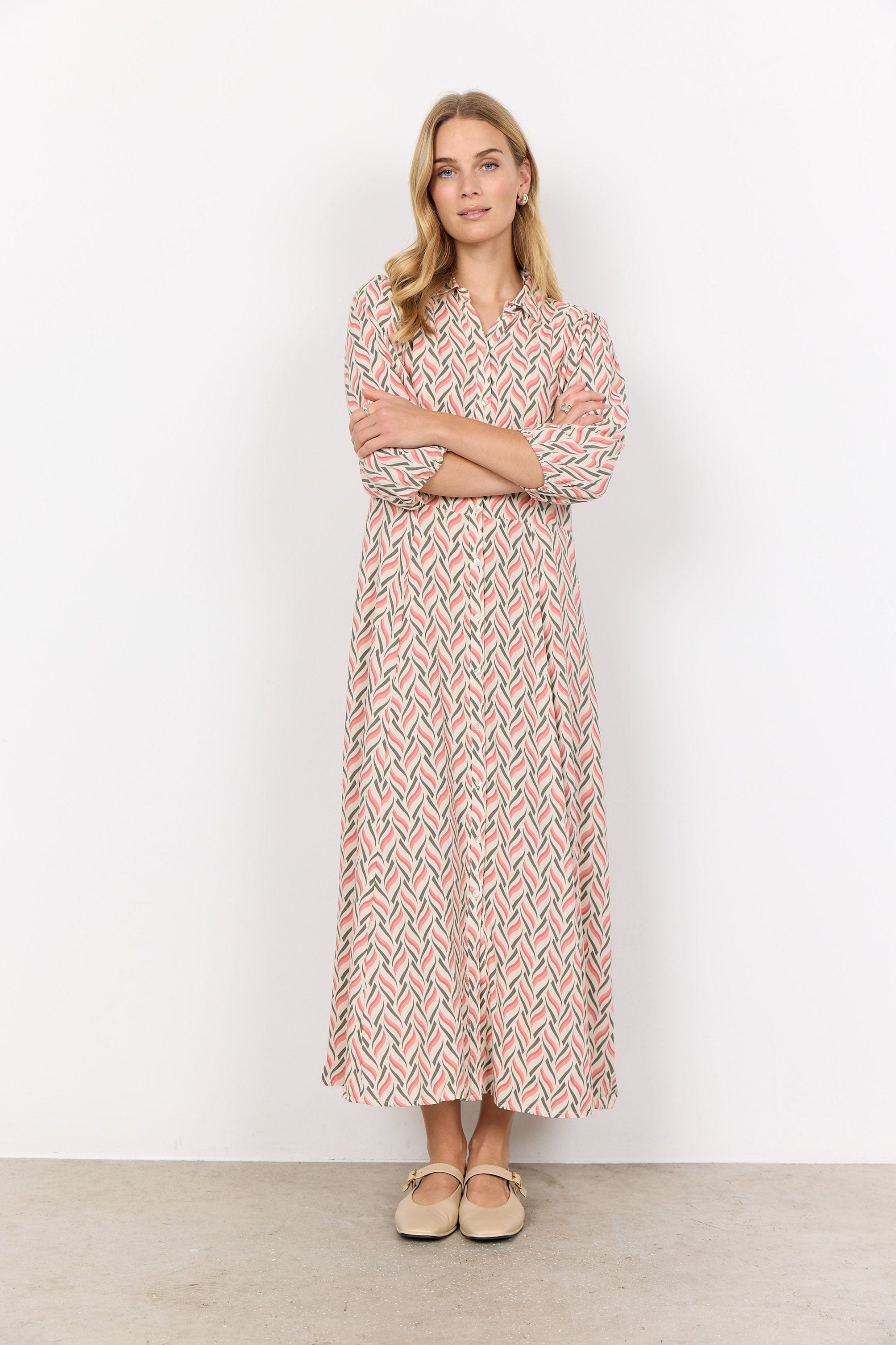 Soya Concept Penny Geo Print Midi Dress - Peach Pink Combi