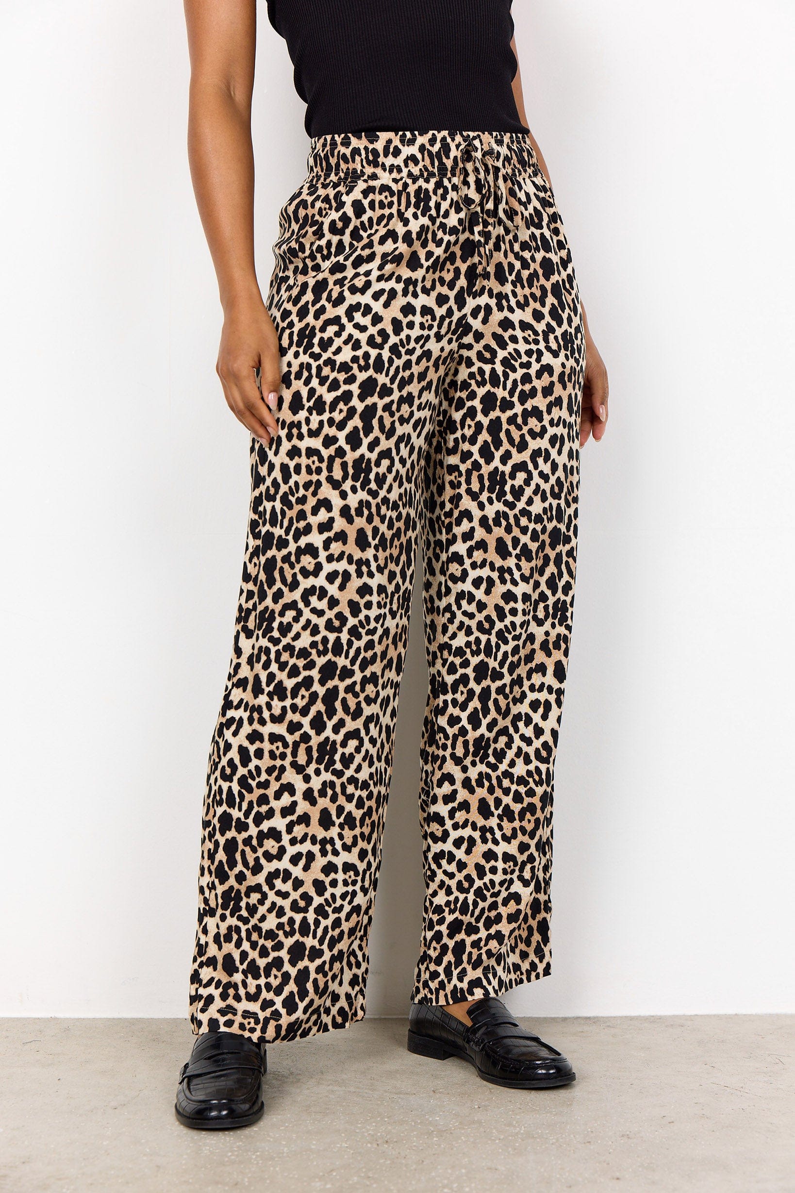 Soya Concept Pietta Leopard Print Elastic Waist Trousers - Sand Combi