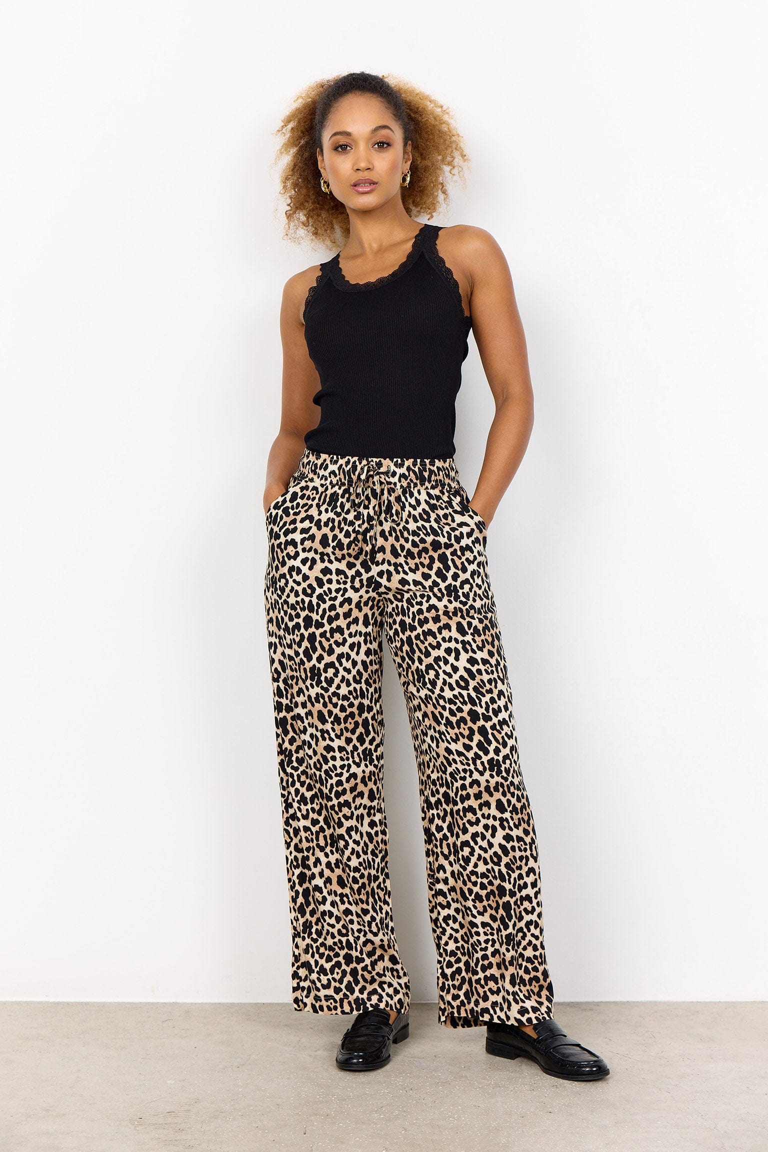 Soya Concept Pietta Leopard Print Elastic Waist Trousers - Sand Combi
