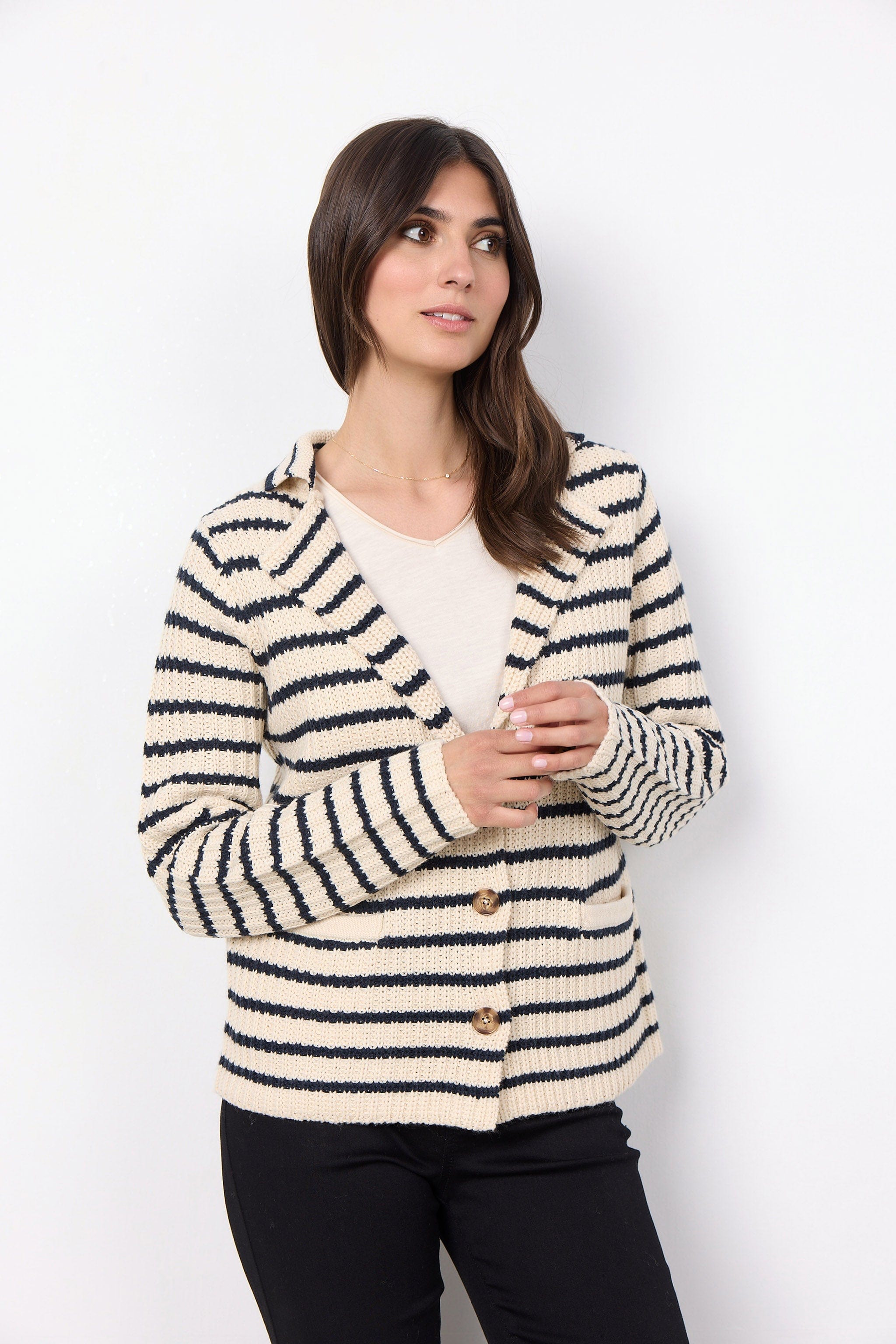 Soya Concept Remone Stripe Collared Cardigan - Cream Combi