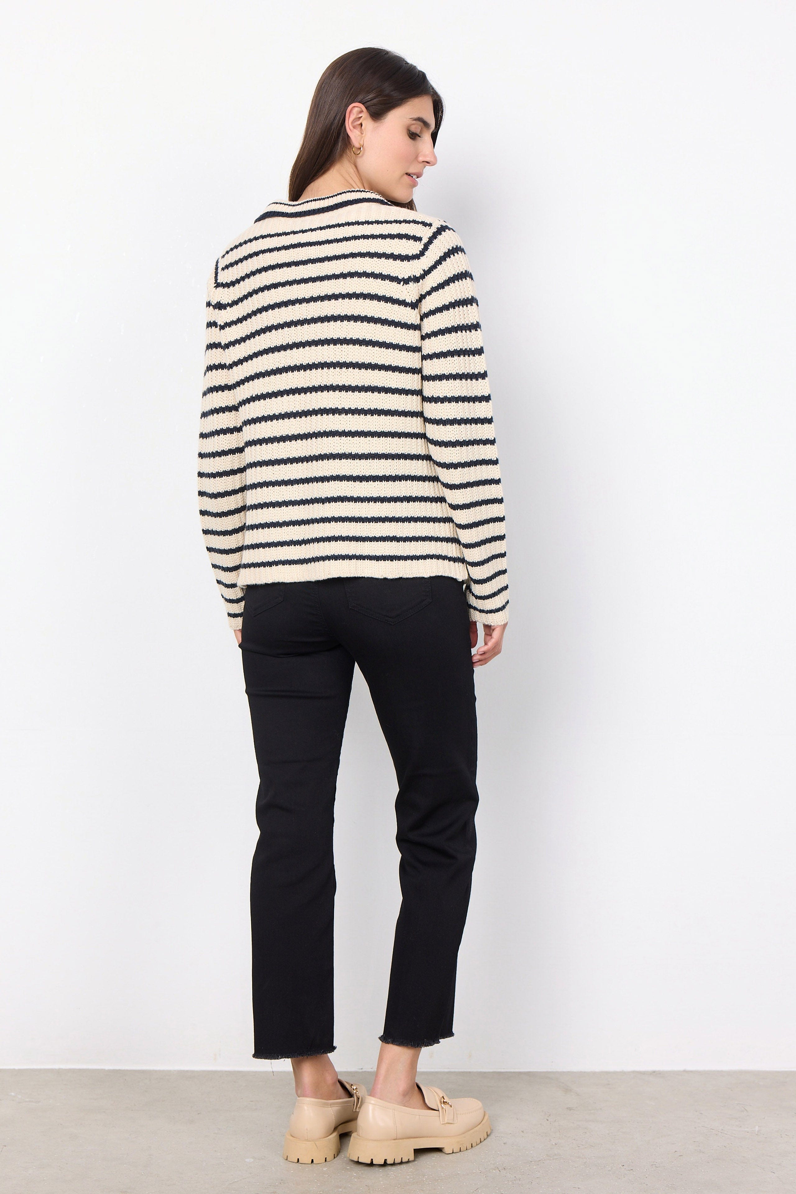 Soya Concept Remone Stripe Collared Cardigan - Cream Combi
