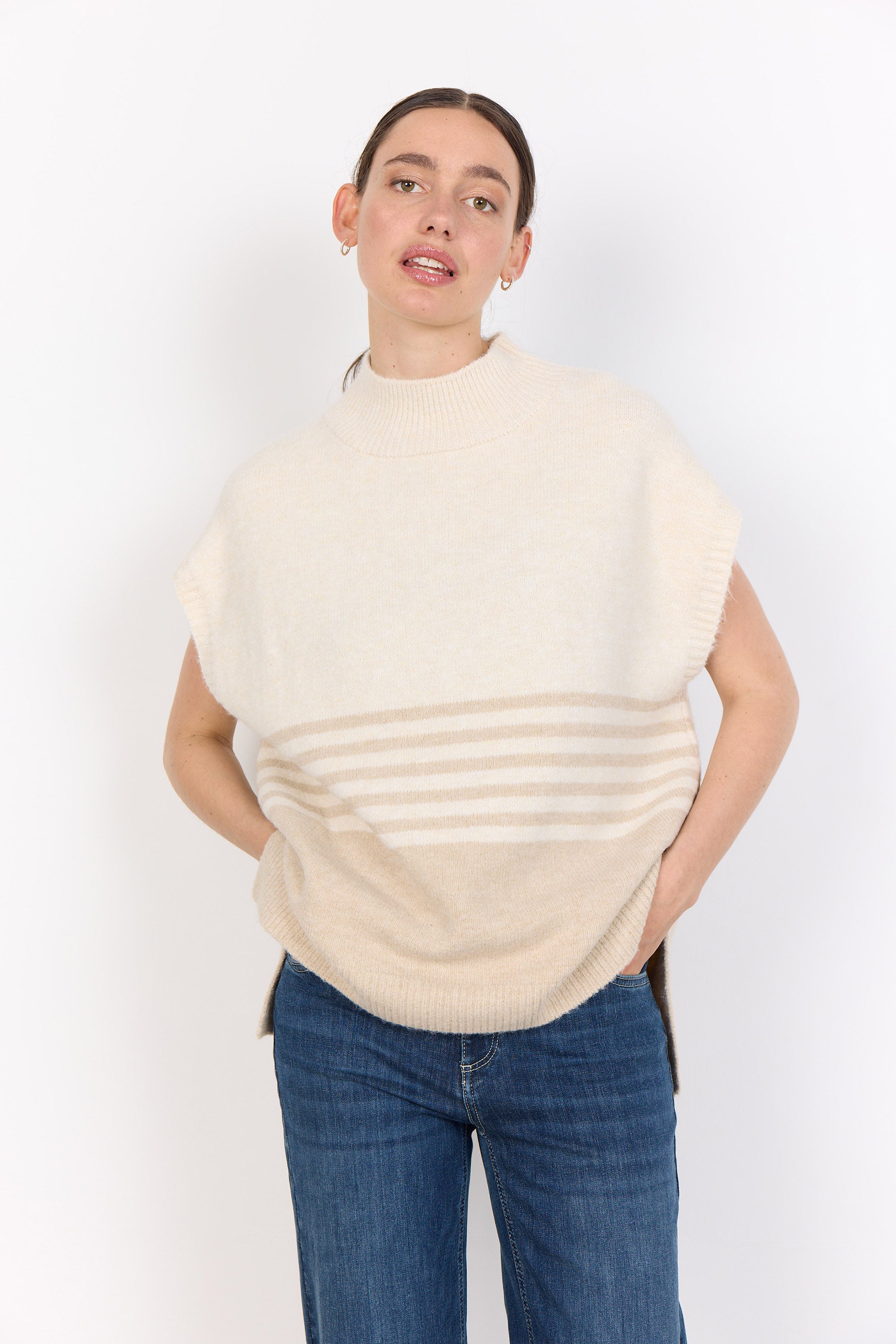 Soya Concept Selvi Knitted Drop Shoulder Jumper - Sand Melange Combi