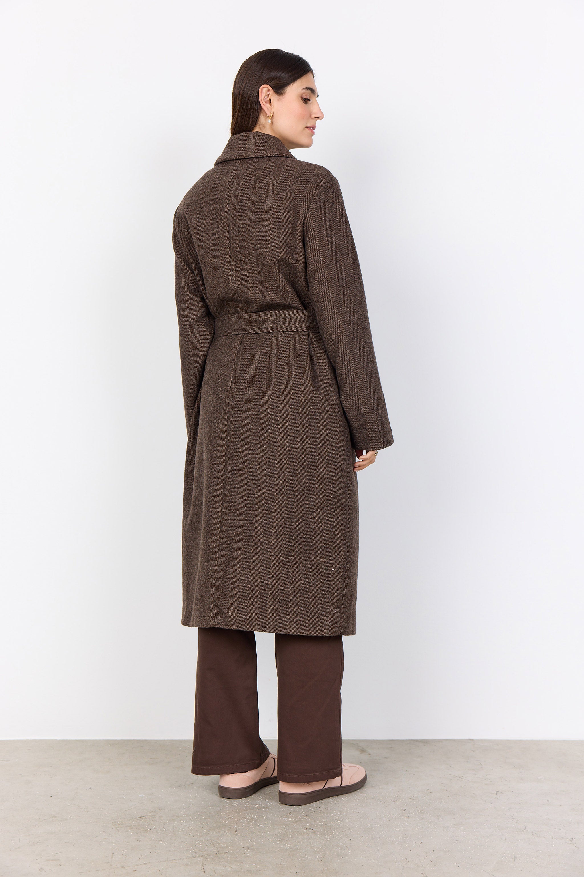 Soya Concept Shakira Wool Blend Belted Longline Coat - Hot Fudge Combi
