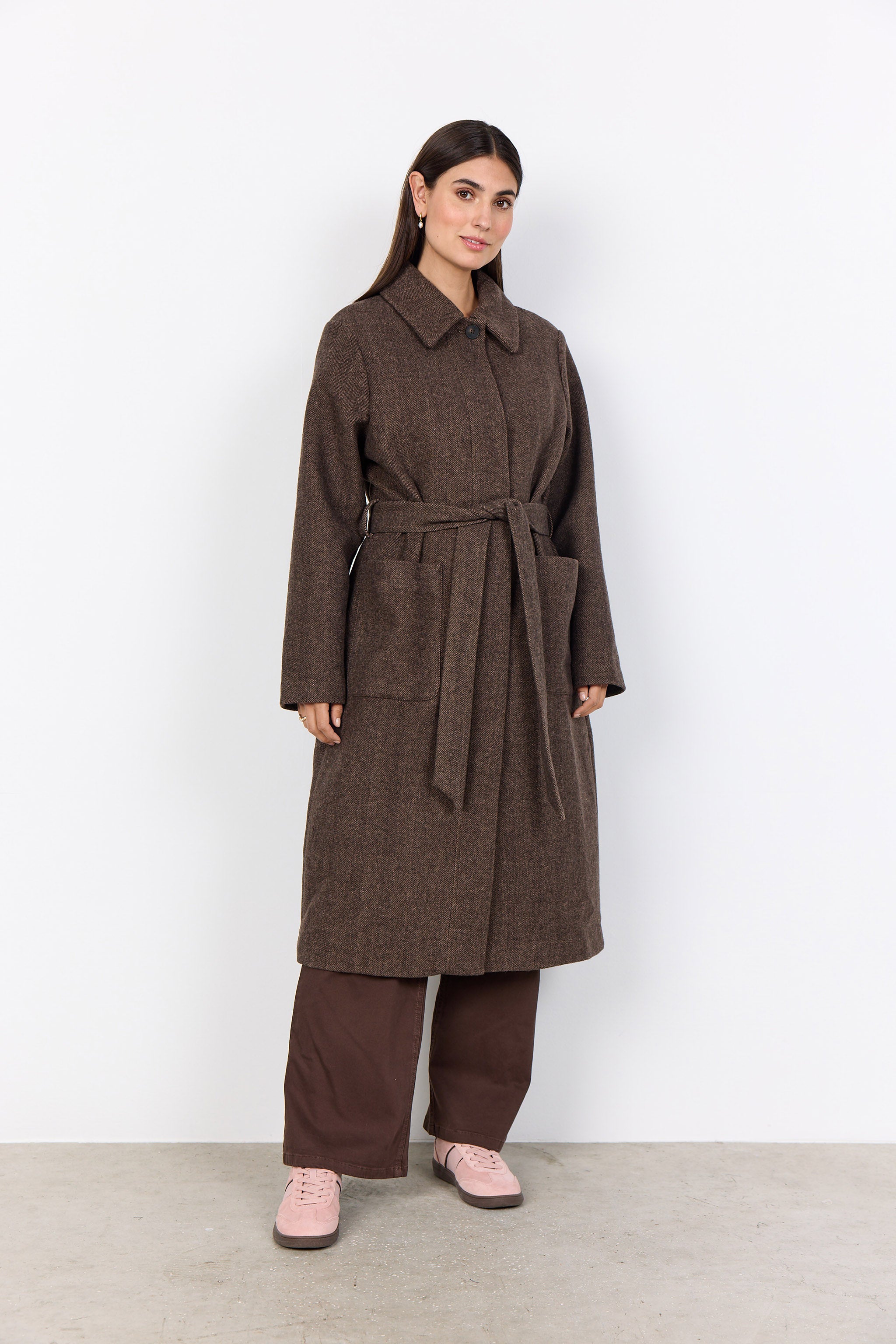 Soya Concept Shakira Wool Blend Belted Longline Coat - Hot Fudge Combi