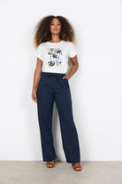 Soya Concept Siham Contrast Elasticated Waist Straight Leg - Navy Combi