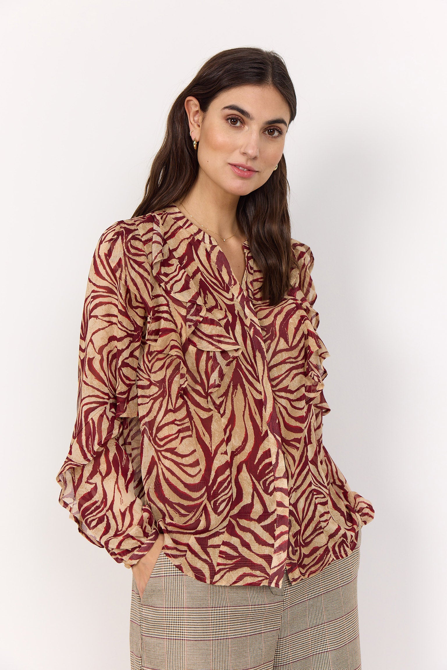 Soya Concept Valborg Printed Ruffle Detail Blouse - Red Combi