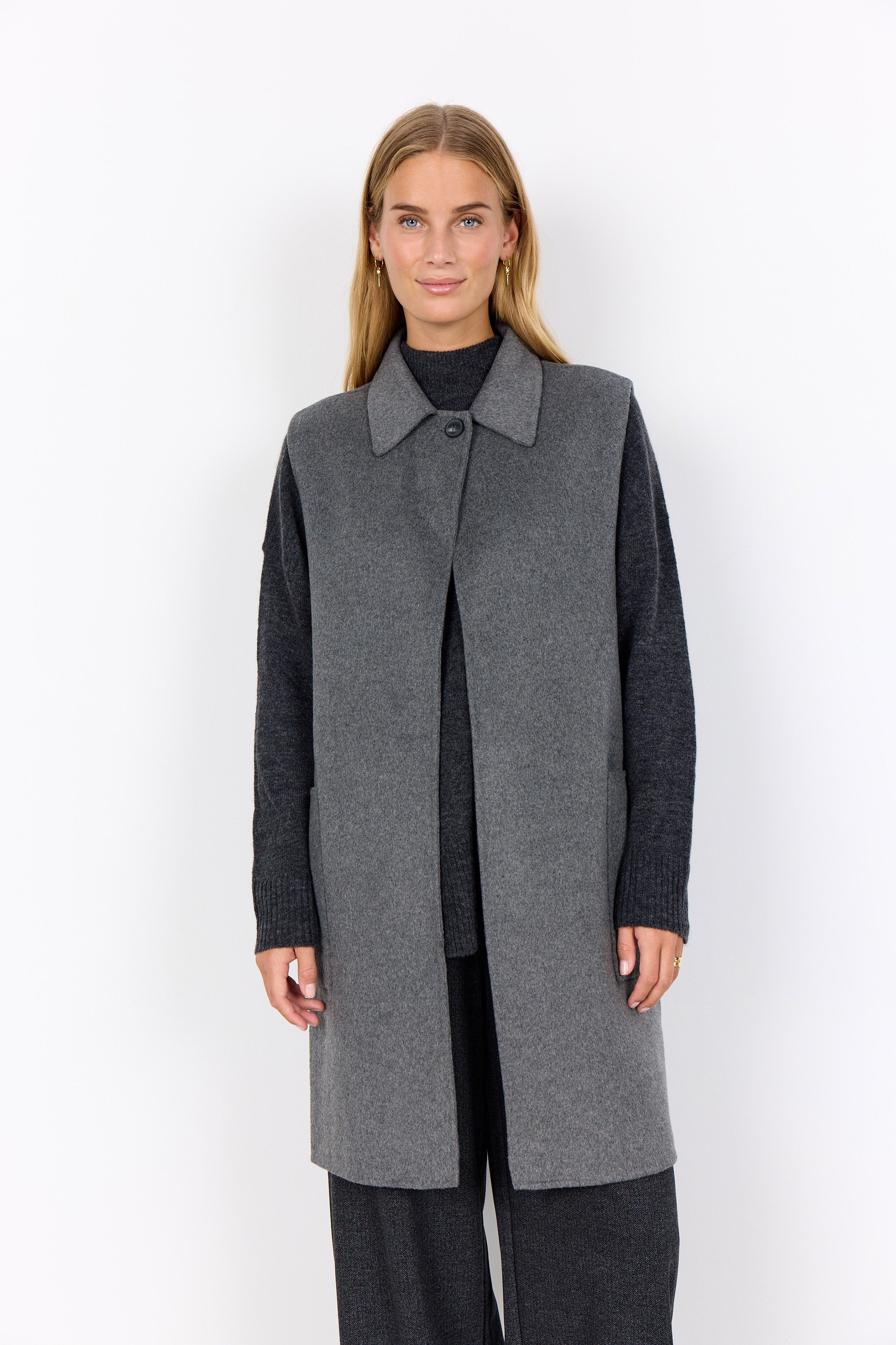 Soya Concept Vienna Longline Wool Blend Waistcoat - Dark Earth Melange