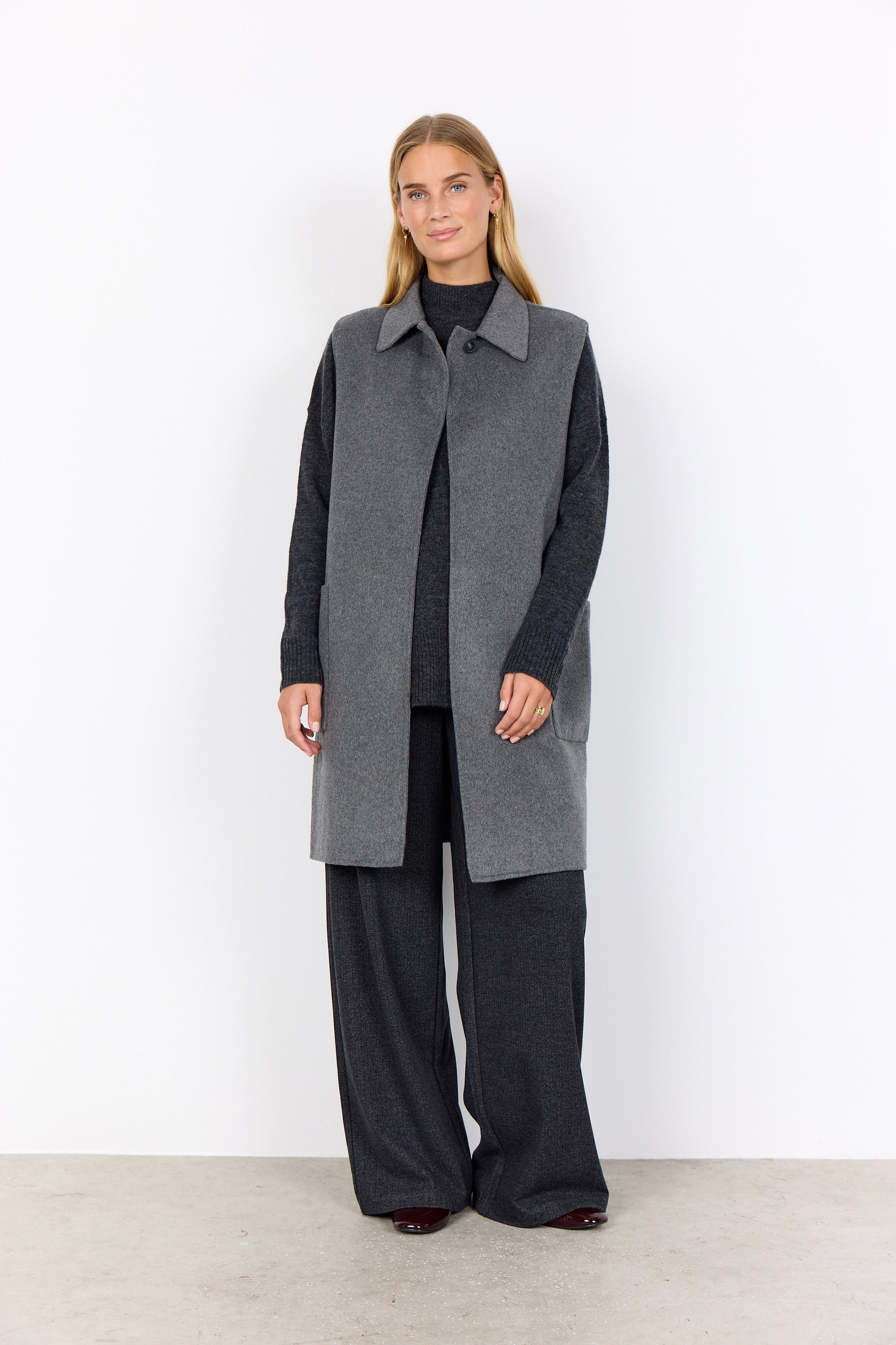 Soya Concept Vienna Longline Wool Blend Waistcoat - Dark Earth Melange