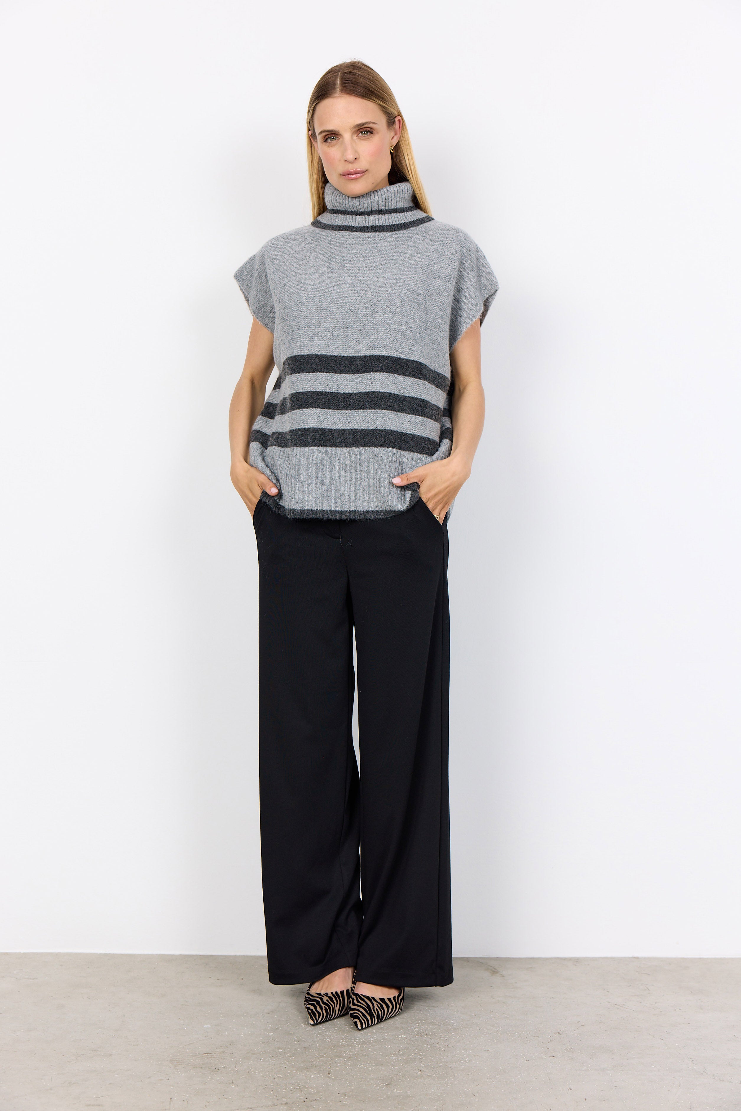 Soya Concept Vif Drop Shoulder Contrast Stripe Jumper - Mid Grey Melange Combi