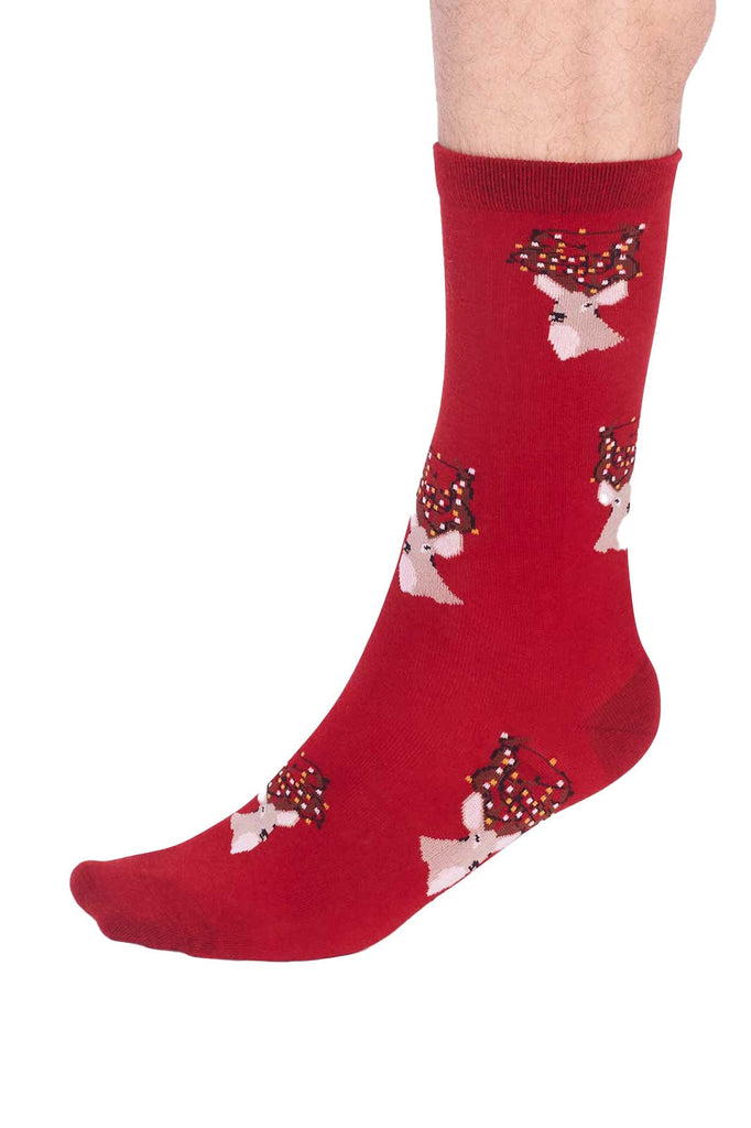 Thought Celyn Organic Cotton Christmas Stag Socks - Bright Red SPM827_BRD_7-11