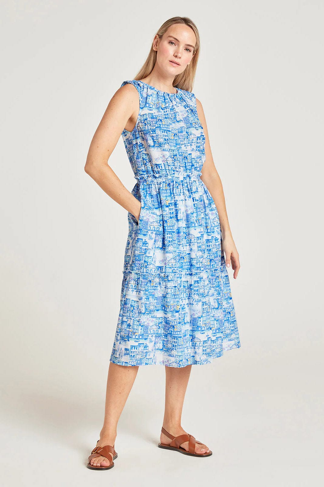 Thought Imogen Organic Cotton Toile De Jouy Dress - Azure Blue