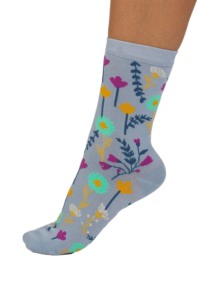 Thought Maple Floral Bamboo Socks - Chambray Blue SPW880_BLU_4-7