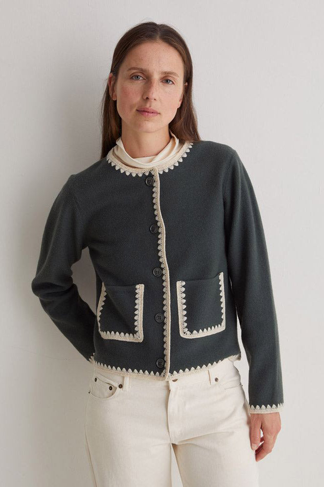 Yerse Boiled Wool Trim Detail Cardigan - Forest Grey