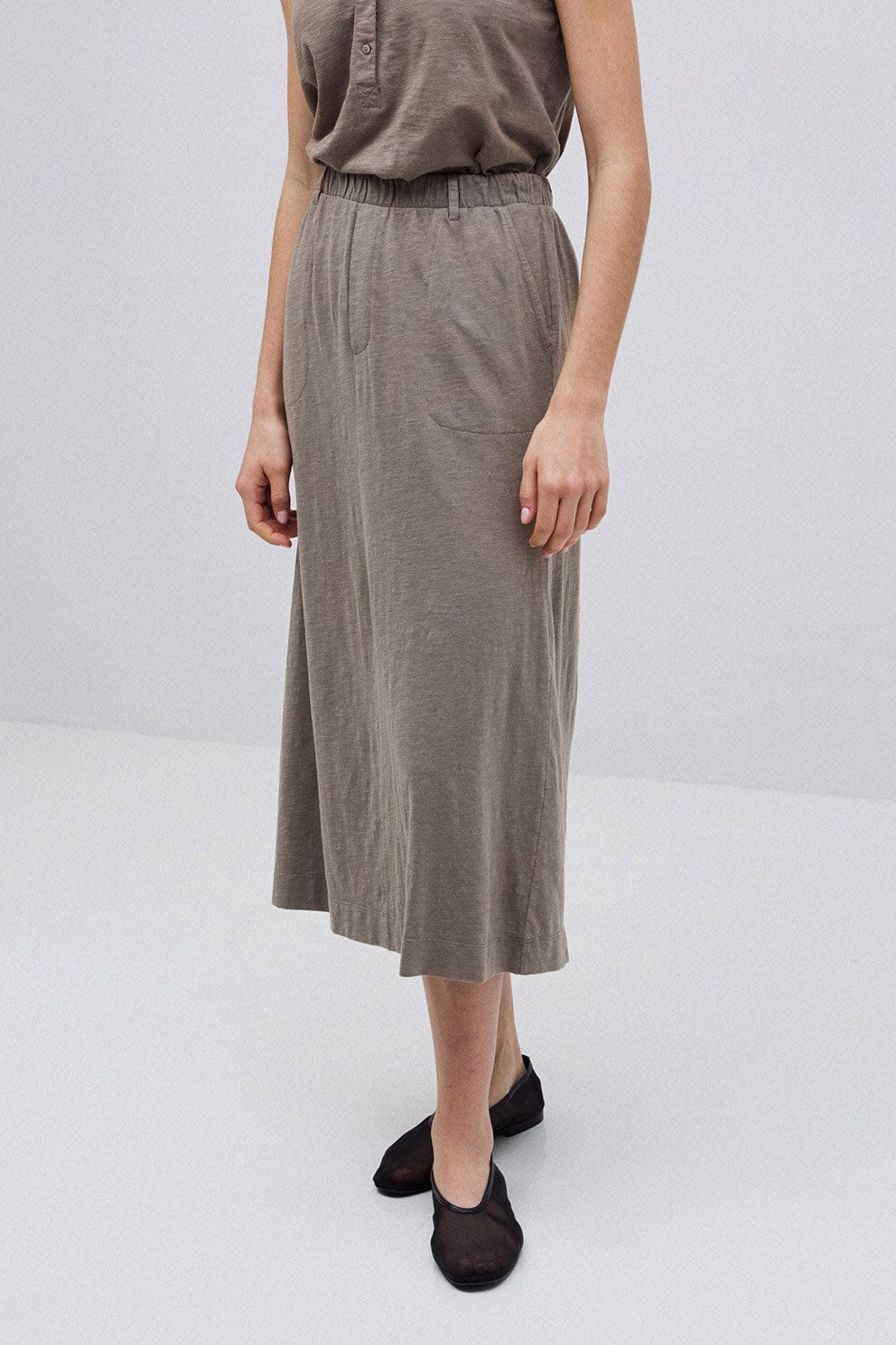 Yerse Claudie Cotton/Linen Midi Skirt - Kaki