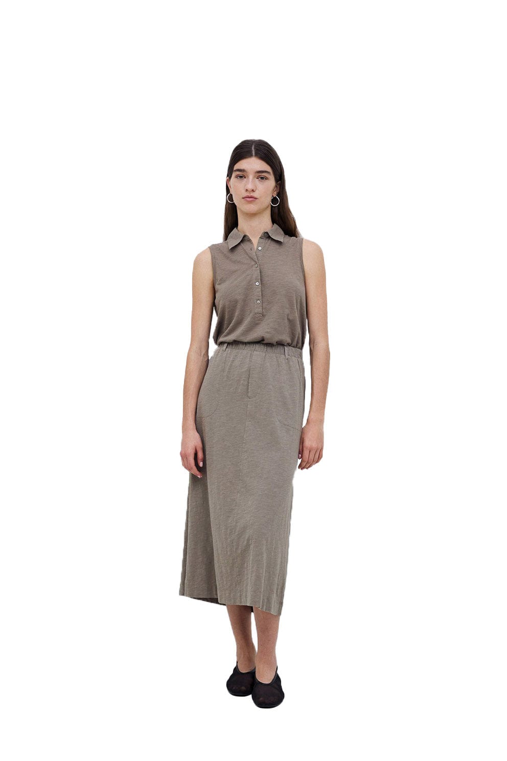 Yerse Claudie Cotton/Linen Midi Skirt - Kaki